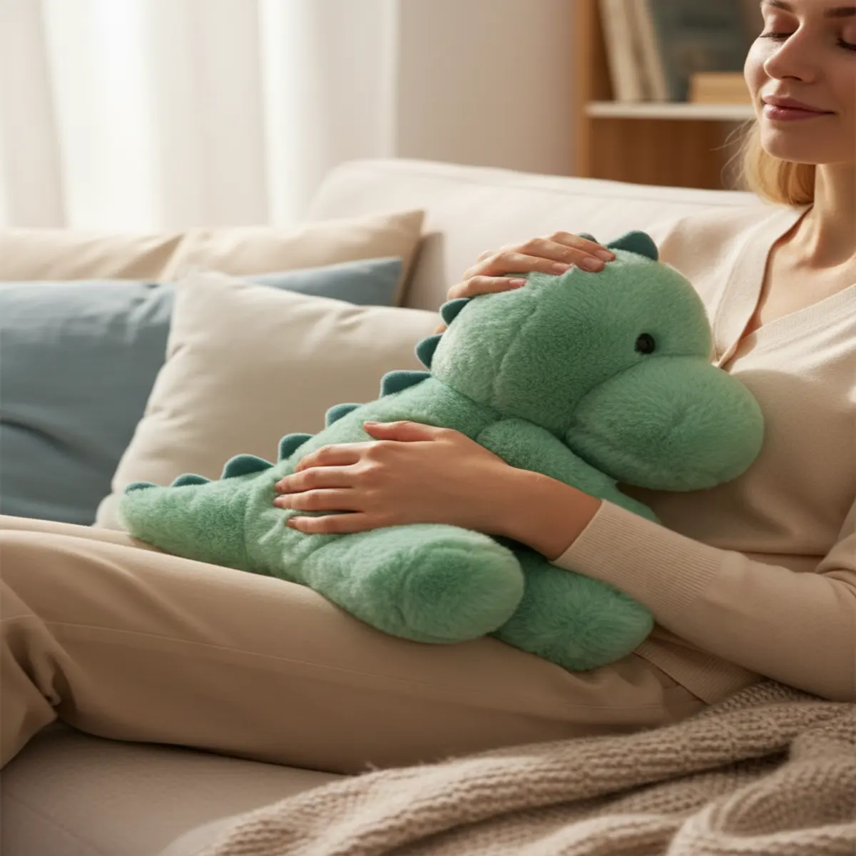 Grünes Dino Therapie-Kuscheltier wird von einer Person auf dem Sofa sanft gehalten.