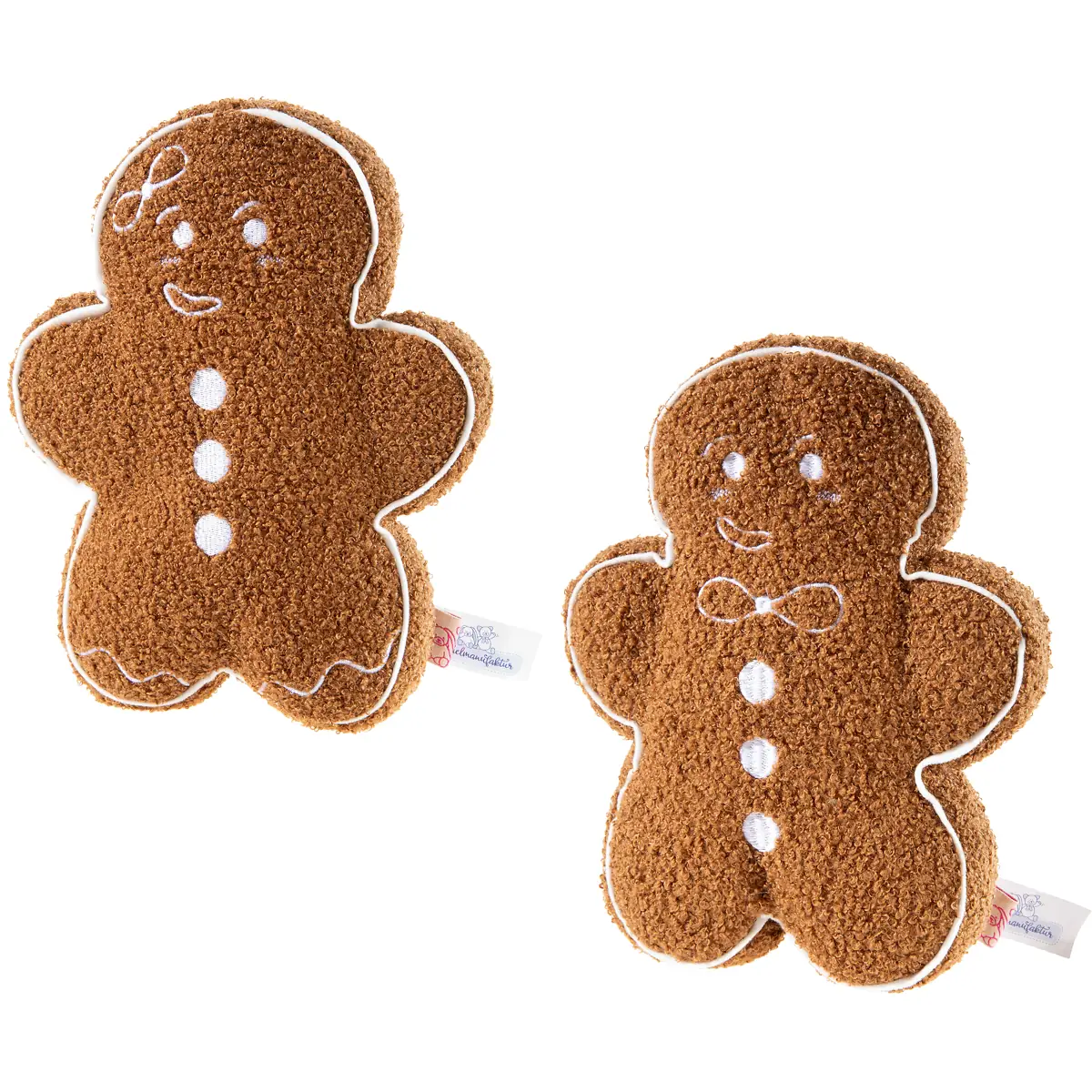 Lebkuchen-Duo mit brauner Lebkuchen Frau und braunem Lebkuchen Mann, beide 29 cm groß, nebeneinander auf weißem Hintergrund