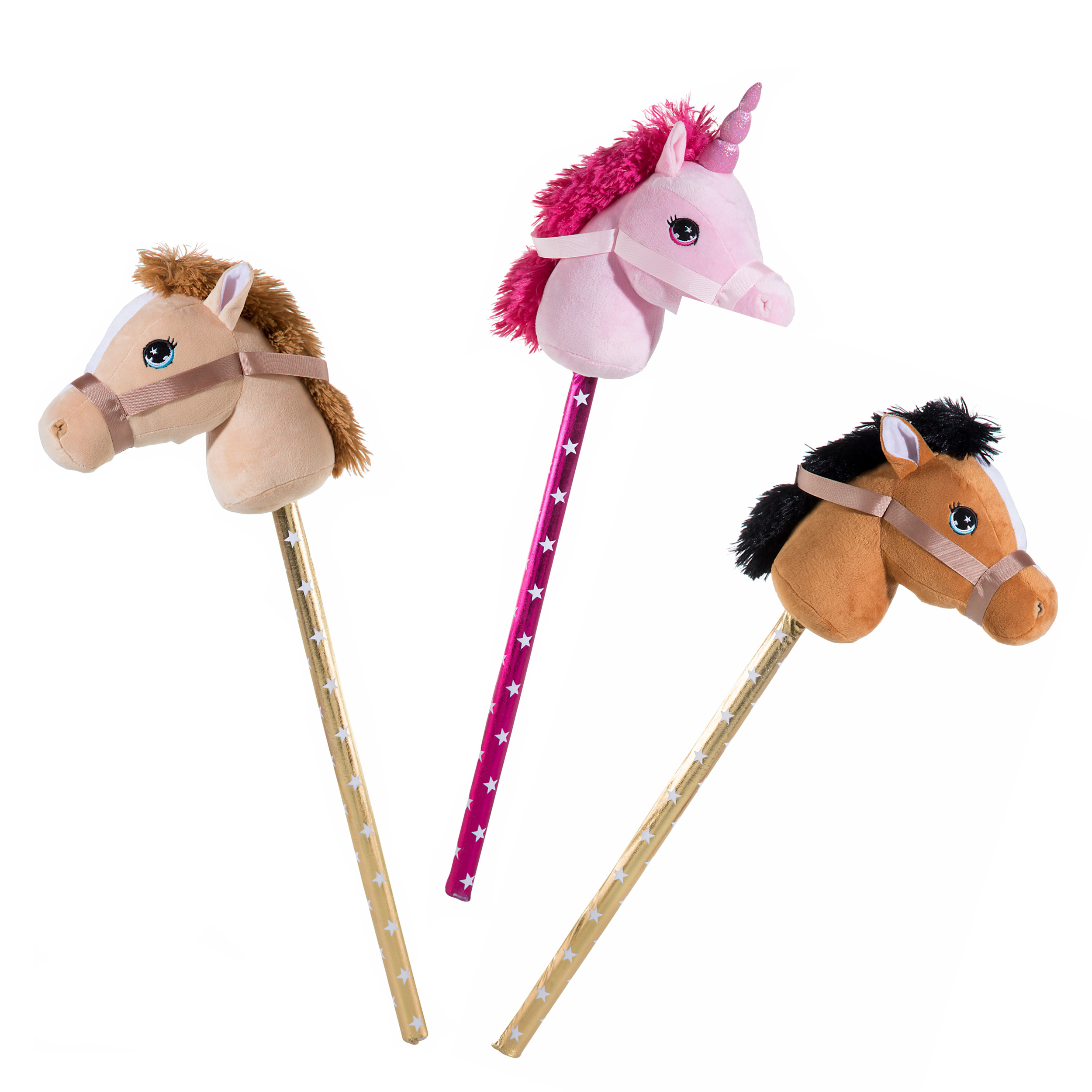 Steckenpferde im Bundle als 3er Set -  1x Einhorn mit Pinkfarbenden Plüsch und pinkem Stecken und 2x braune Steckenpferde in braun und in hellbraunem Plüsch.