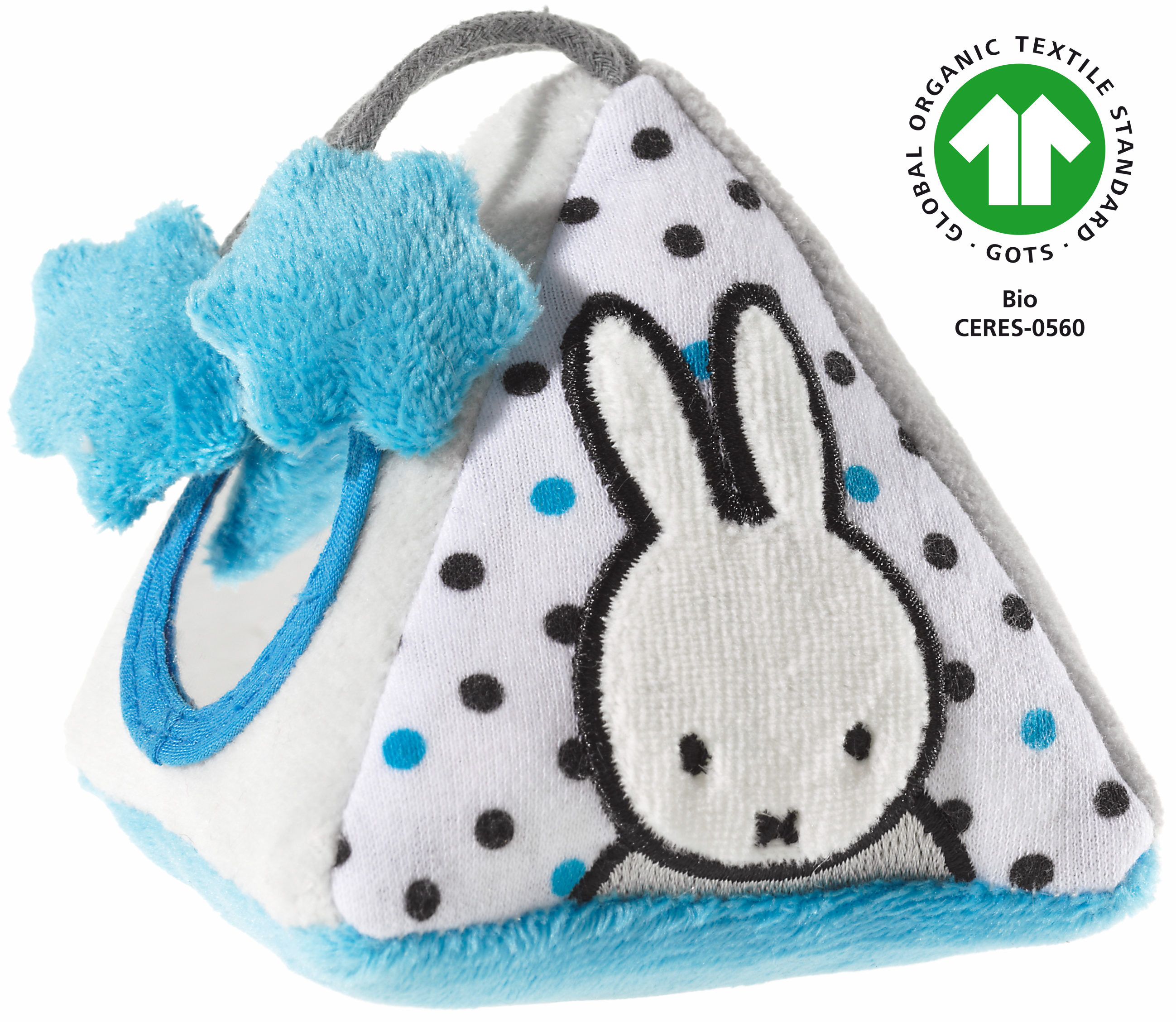 Heunec Miffy Kuschel-Pyramide in grau-weiß-türkis und natürlich GOTS zertifiziert
