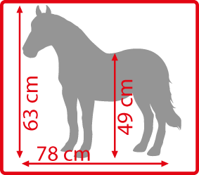 Maße eines Spielzeugpferdes aus Kunststoff Diagramm mit den Maßen eines Spielzeugpferdes, 78 cm lang, 63 cm hoch, 49 cm Bauchhöhe