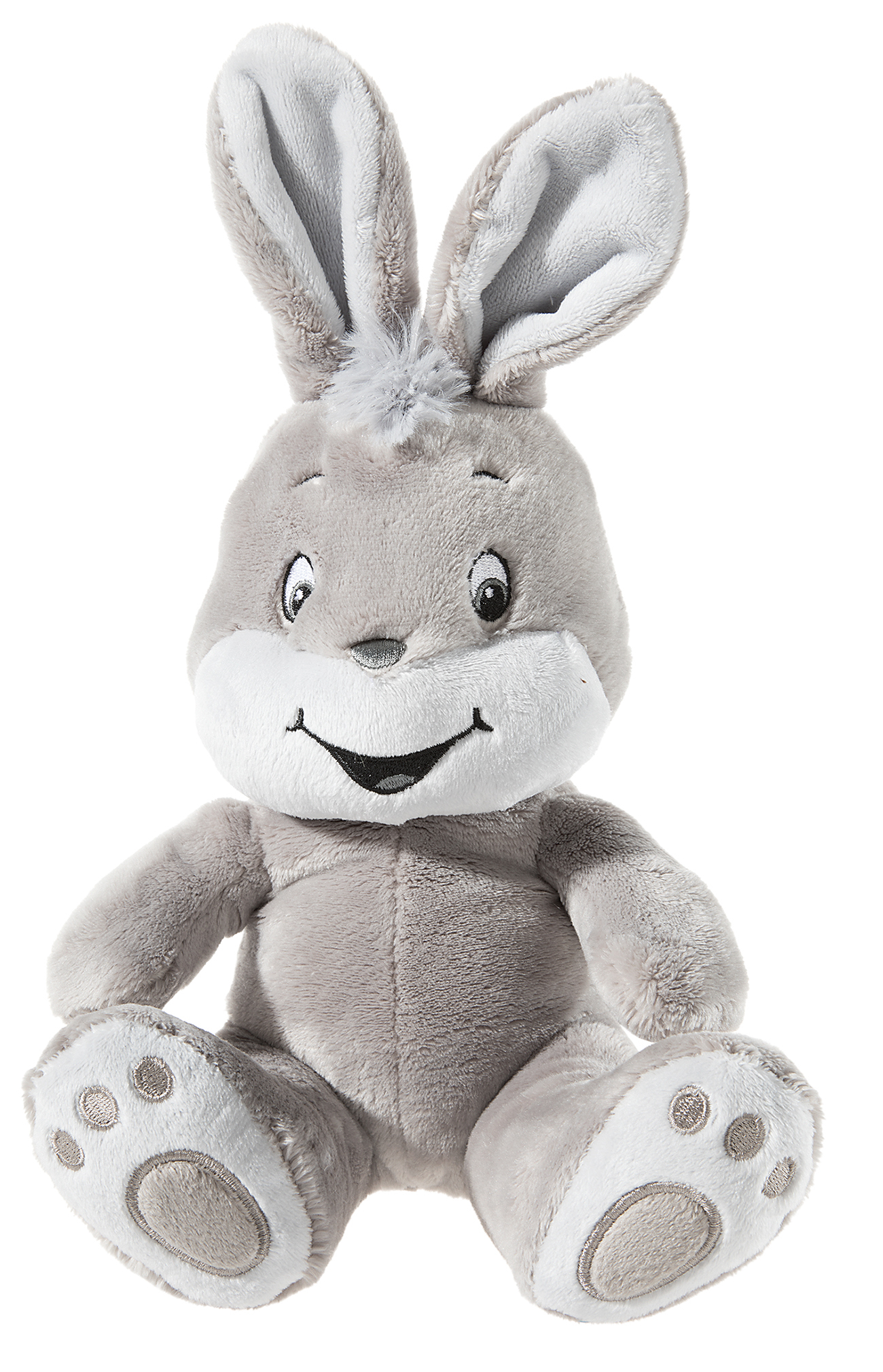 Graues Plüschhase Stofftier mit langen Ohren und lächelndem Gesicht