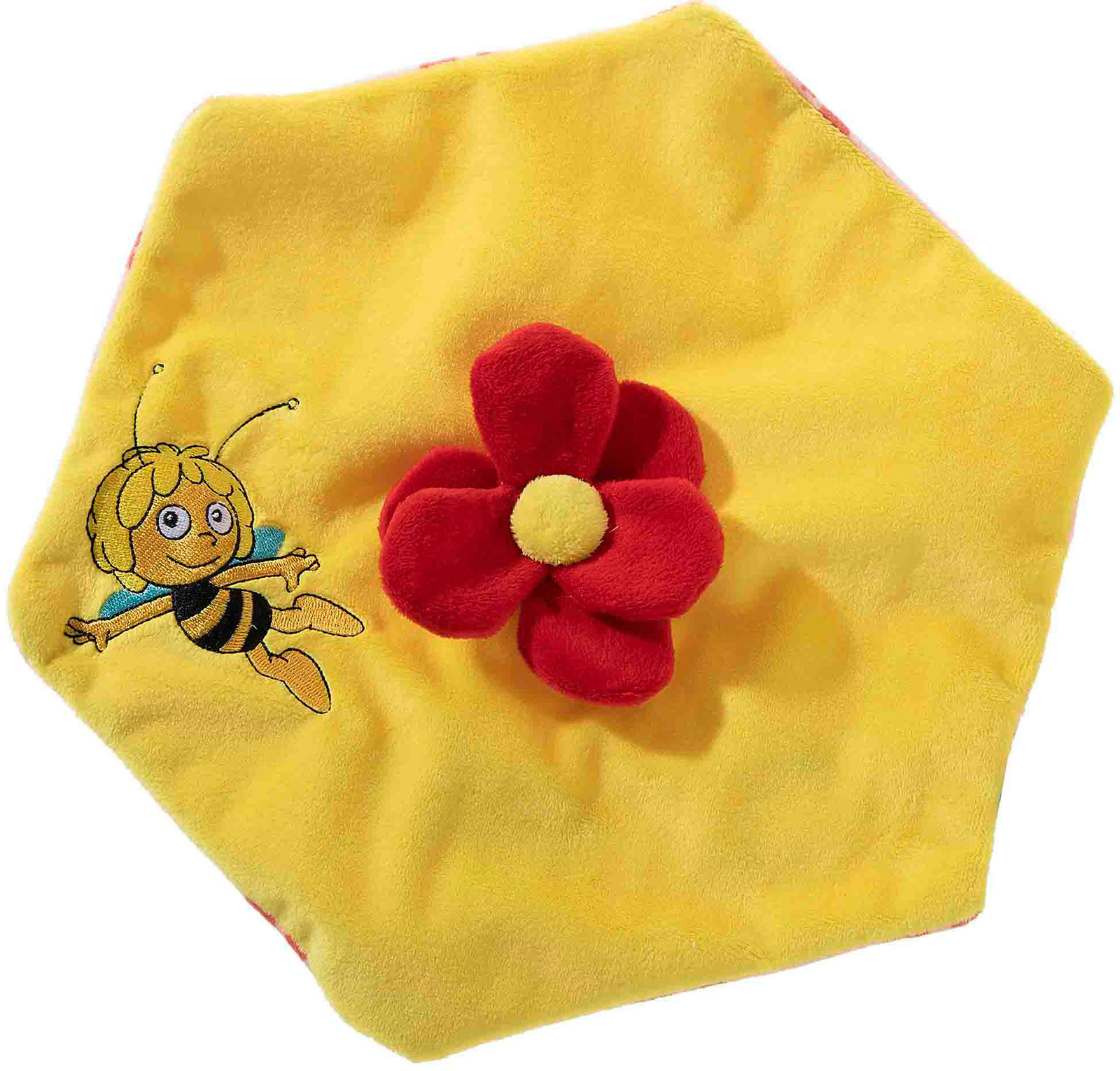 Gelbes Kinderplüschkissen mit Biene und roter Blume Gelbes sechseckiges Plüschkissen mit gestickter Biene und roter Plüschblume