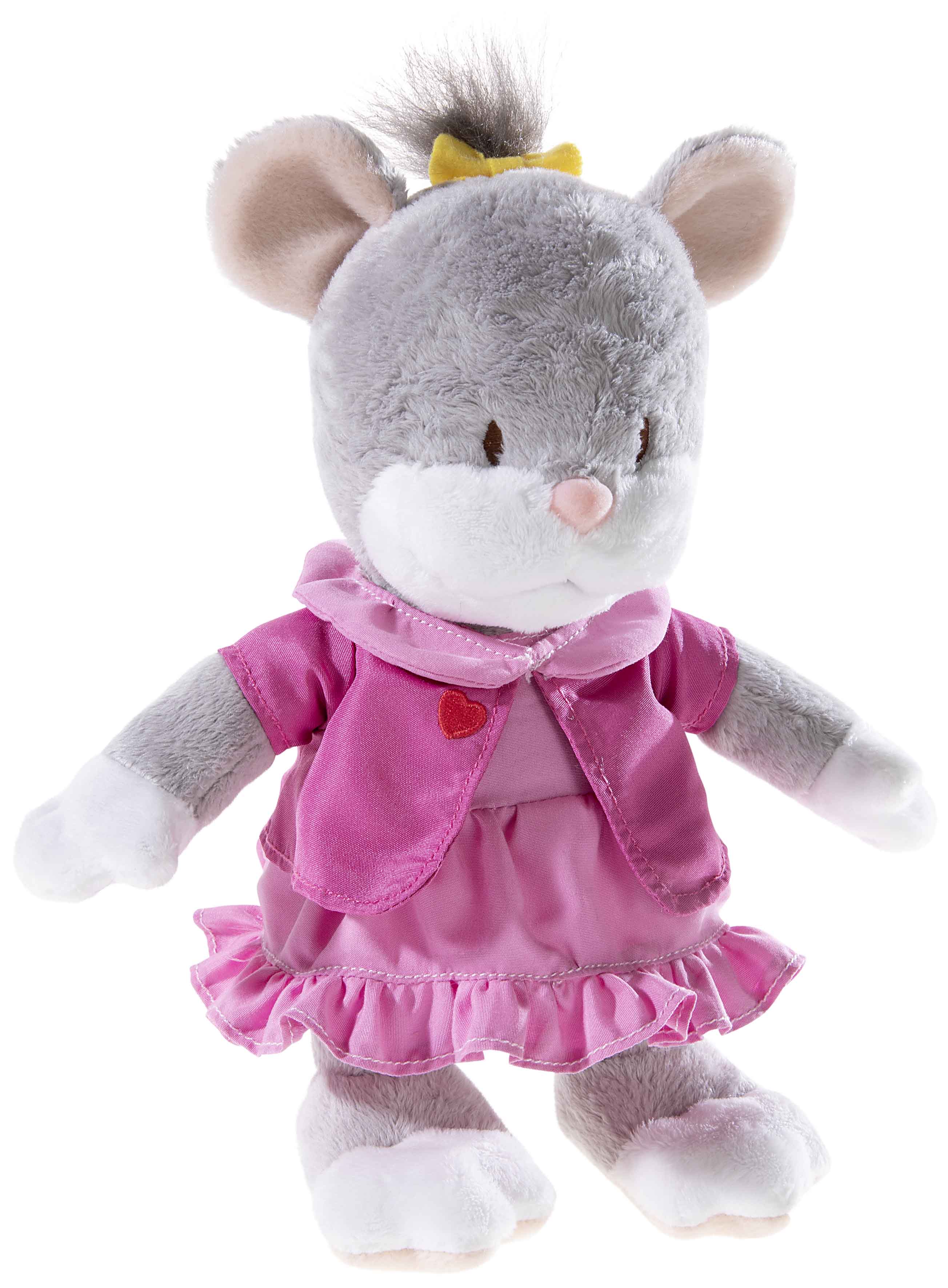 Plüschmaus mit rosa Kleid und gelber Schleife - Kuscheltier für Kinder Niedliche Plüschmaus in pinkem Kleid mit gelber Schleife und Herzapplikation auf weißem Hintergrund