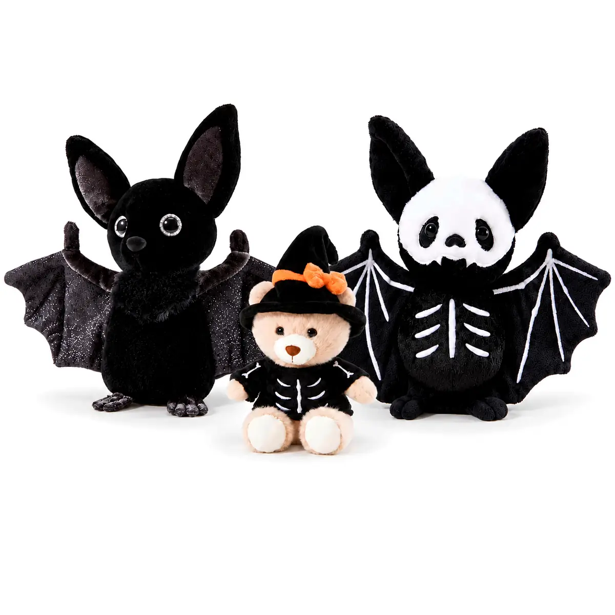 Halloween 3er Set mit den 20 cm großen Fledermäusen Vlad und Skeletoni sowie einem 15 cm großen Bären mit Hexenhut und Skelett-Shirt