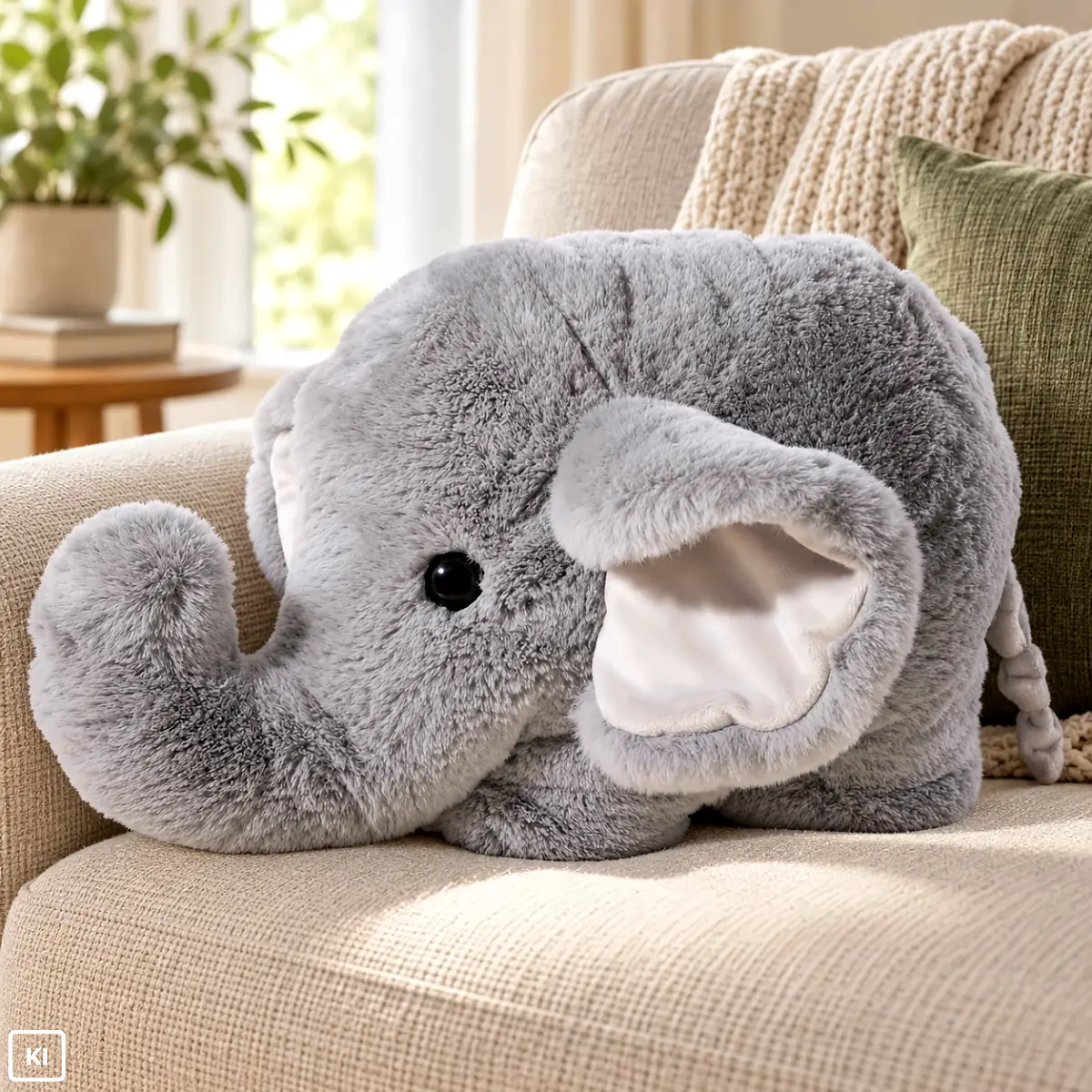 Elefant Kissen Grau 50 cm in liegender Seitenansicht mit hochgebogenem Rüssel, hellen Ohrinnenseiten und kleinem Schwanz - KI generiert