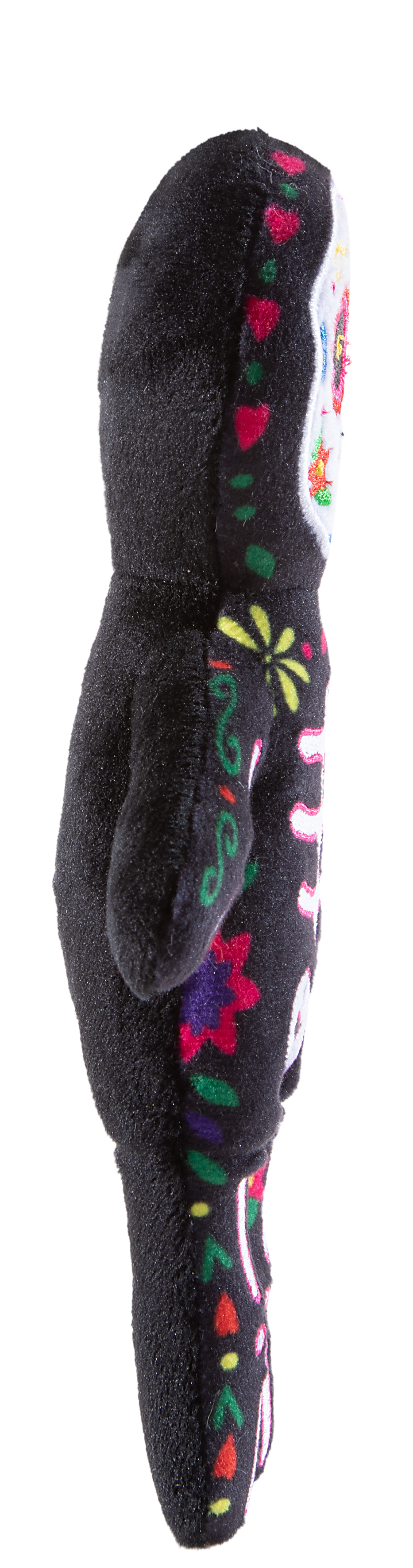 Seitenansicht einer schwarzen Plüschfigur mit buntem Blumen- und Herzmuster