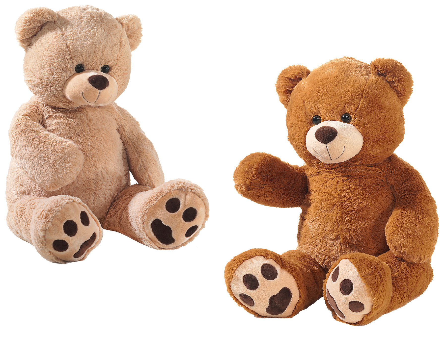 Zwei flauschige Teddybären, ein heller und ein dunkler, sitzen nebeneinander.