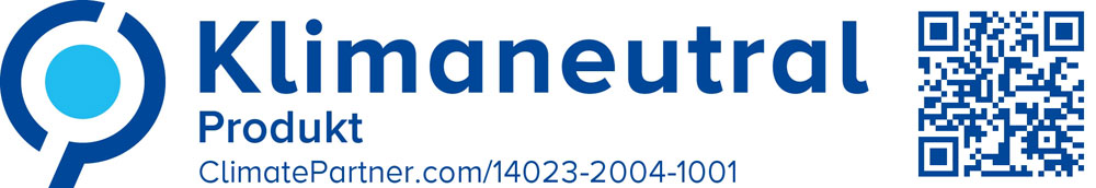 Klimaneutrales Produkt - ClimatePartner Zertifizierung Klimaneutral-Logo mit QR-Code zur ClimatePartner-Website