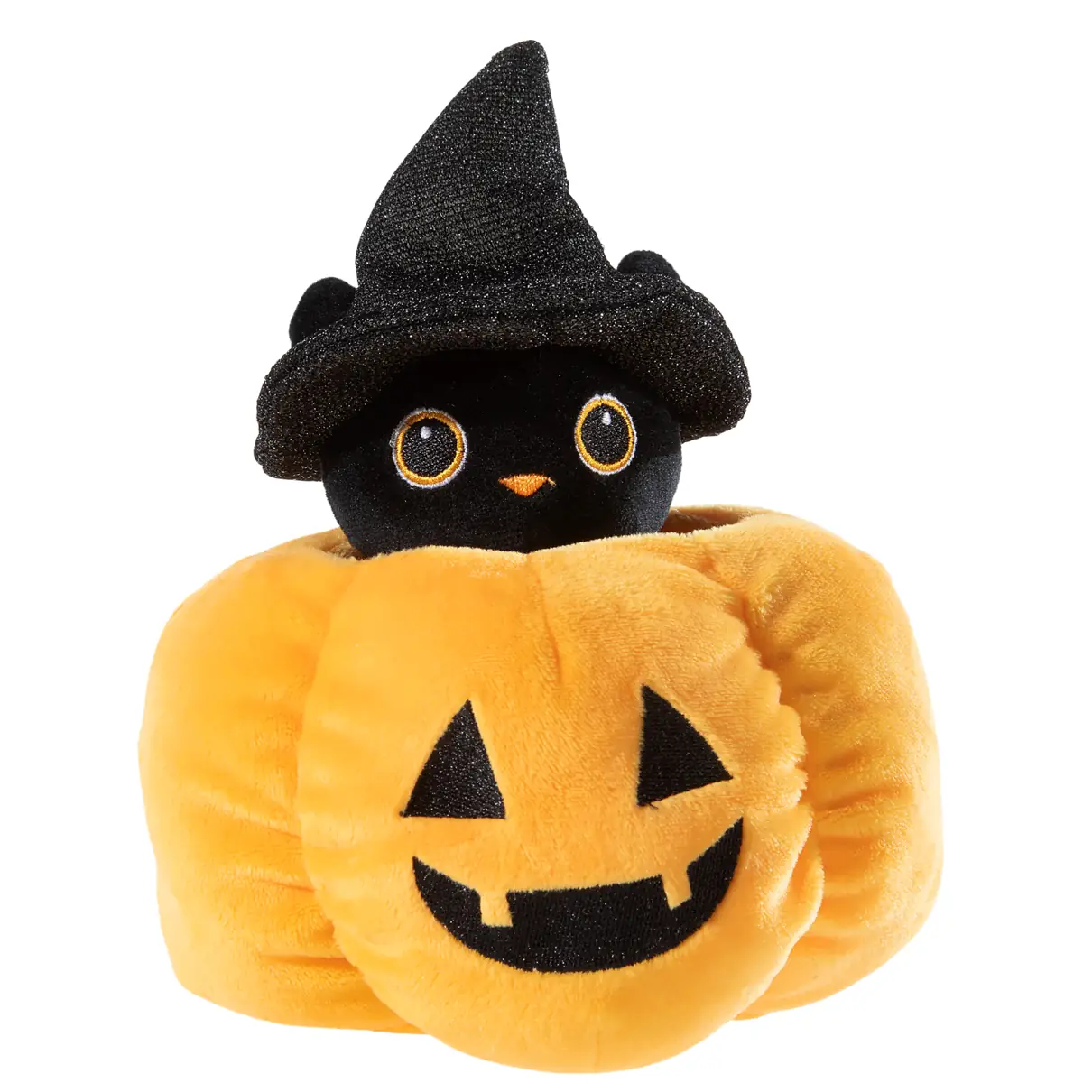 Halloween Plüschkatze im Kürbis 16 cm von heunec – weiches Kuscheltier mit schwarzer Katze, Hexenhut, gestickten Augen und orangefarbenem Kürbis, ideal zum Kuscheln, Spielen und als Halloween-Dekoration. - versteckt
