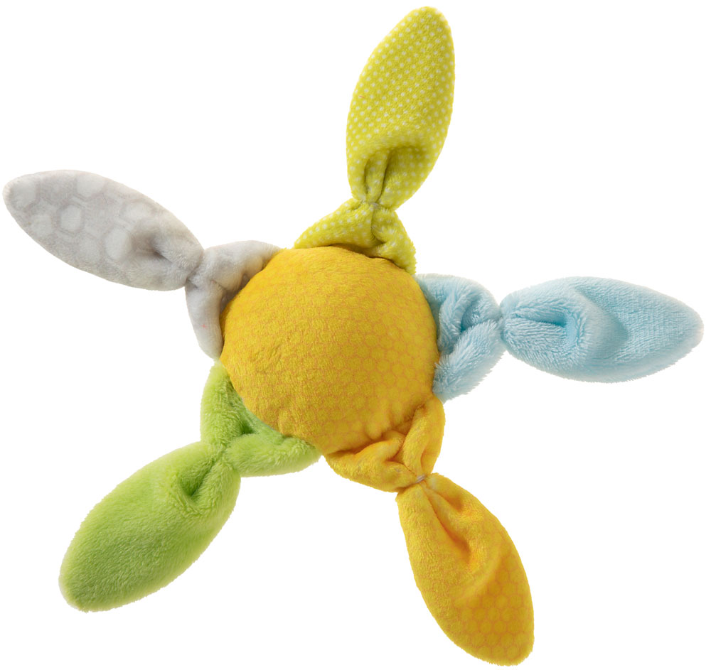 Buntes Babyspielzeug mit fünf weich gepolsterten Stoffflügeln Buntes Babysensorikspielzeug in Form eines Sterns mit fünf weichen, bunten Stoffflügeln in Gelb, Grün, Blau und Grau