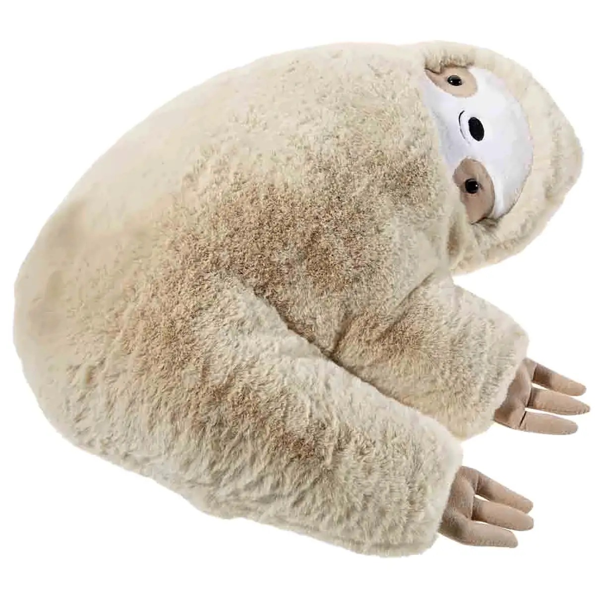 Faultier Kissen Beige 50 cm in schräger Ansicht mit rundem Körper, hellem Gesicht, braunen Augenpartien und kleinen Krallen