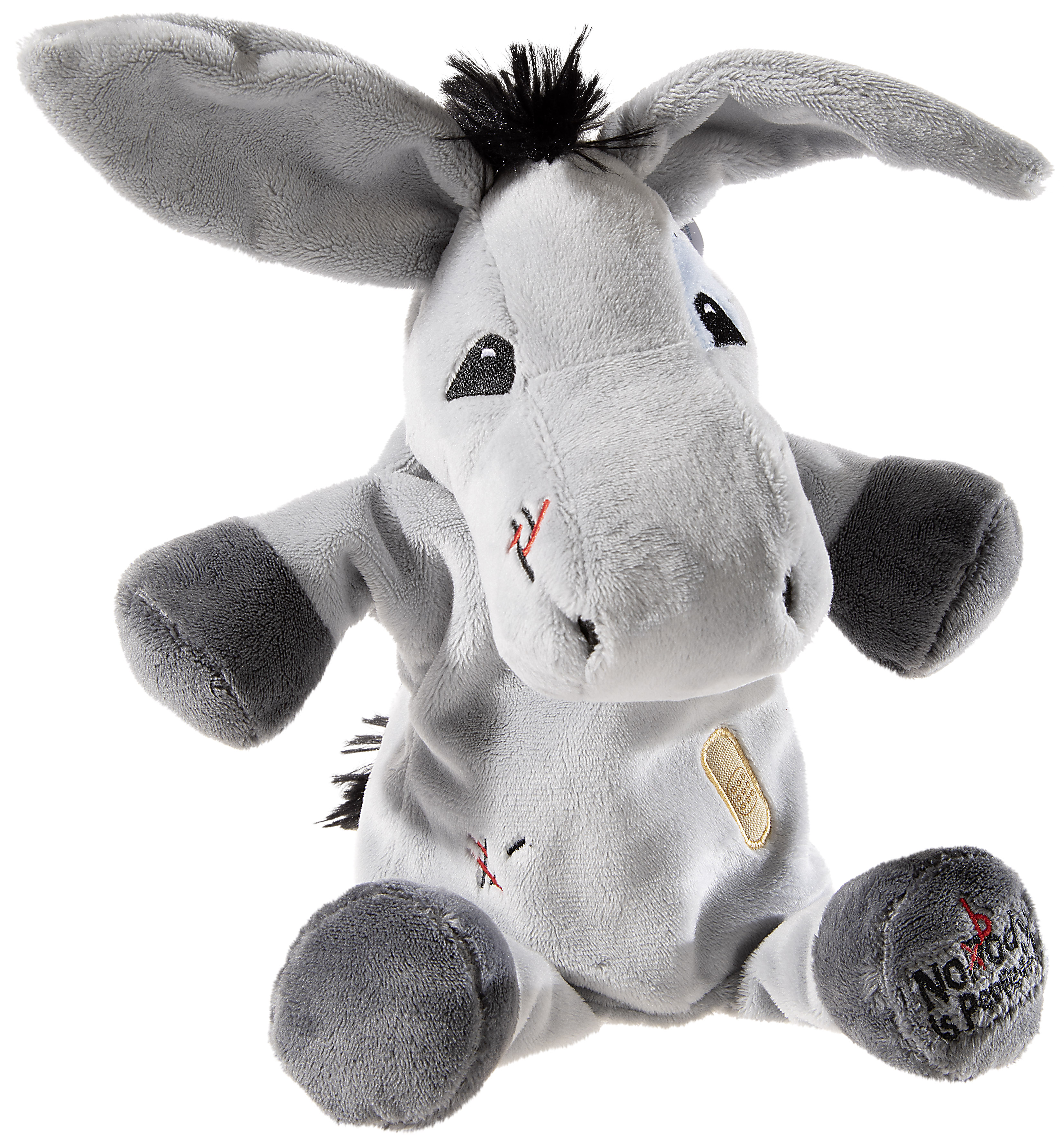 Plüsch-Esel mit gesticktem Gesicht und Details Niedlicher grauer Plüsch-Esel mit gesticktem Gesicht und aufgenähten Details, umarmbar und weich