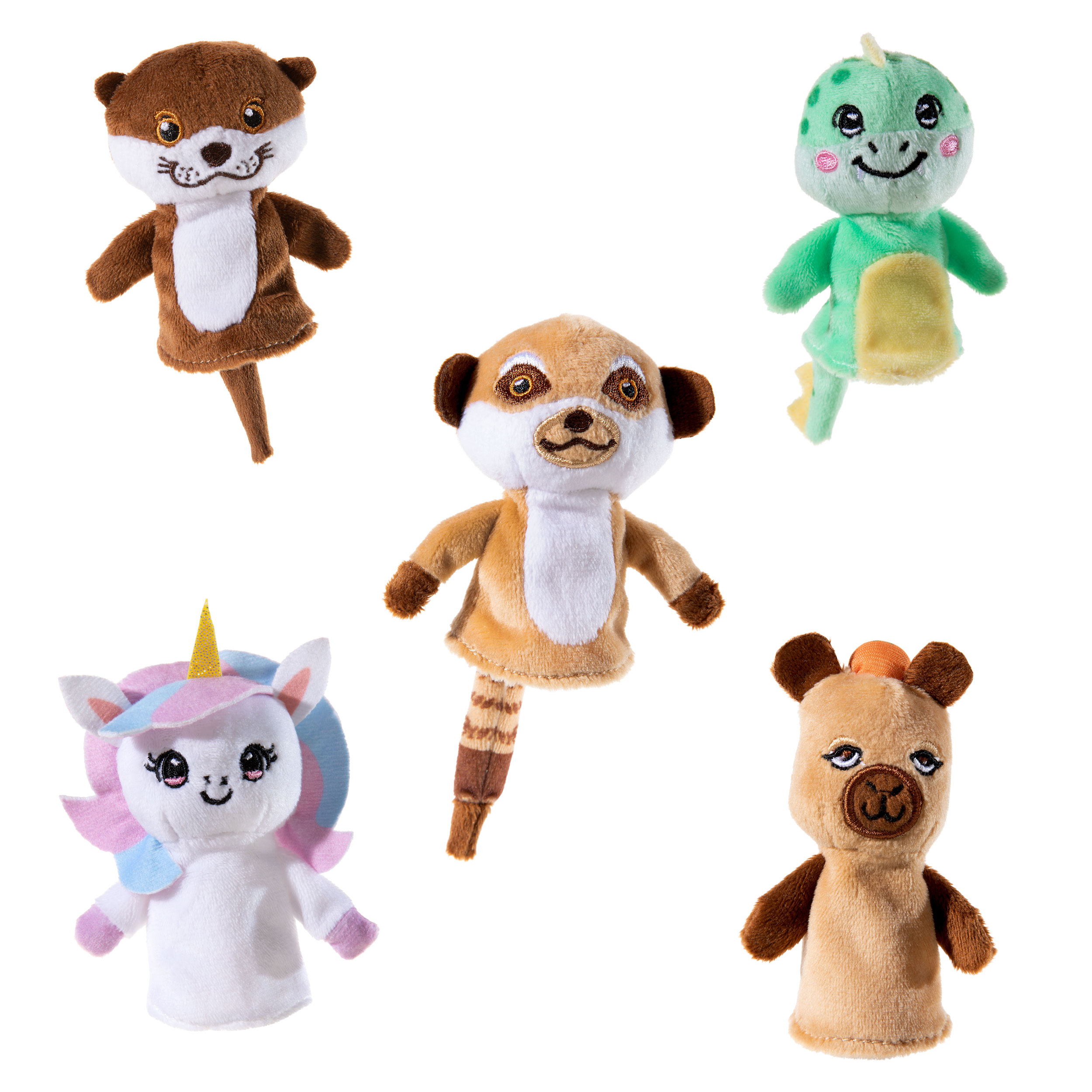 Fünf farbenfrohe Handpuppen aus Stoff, darunter ein Einhorn, ein Otter, ein Erdmännchen, eine Schildkröte und ein Bär.