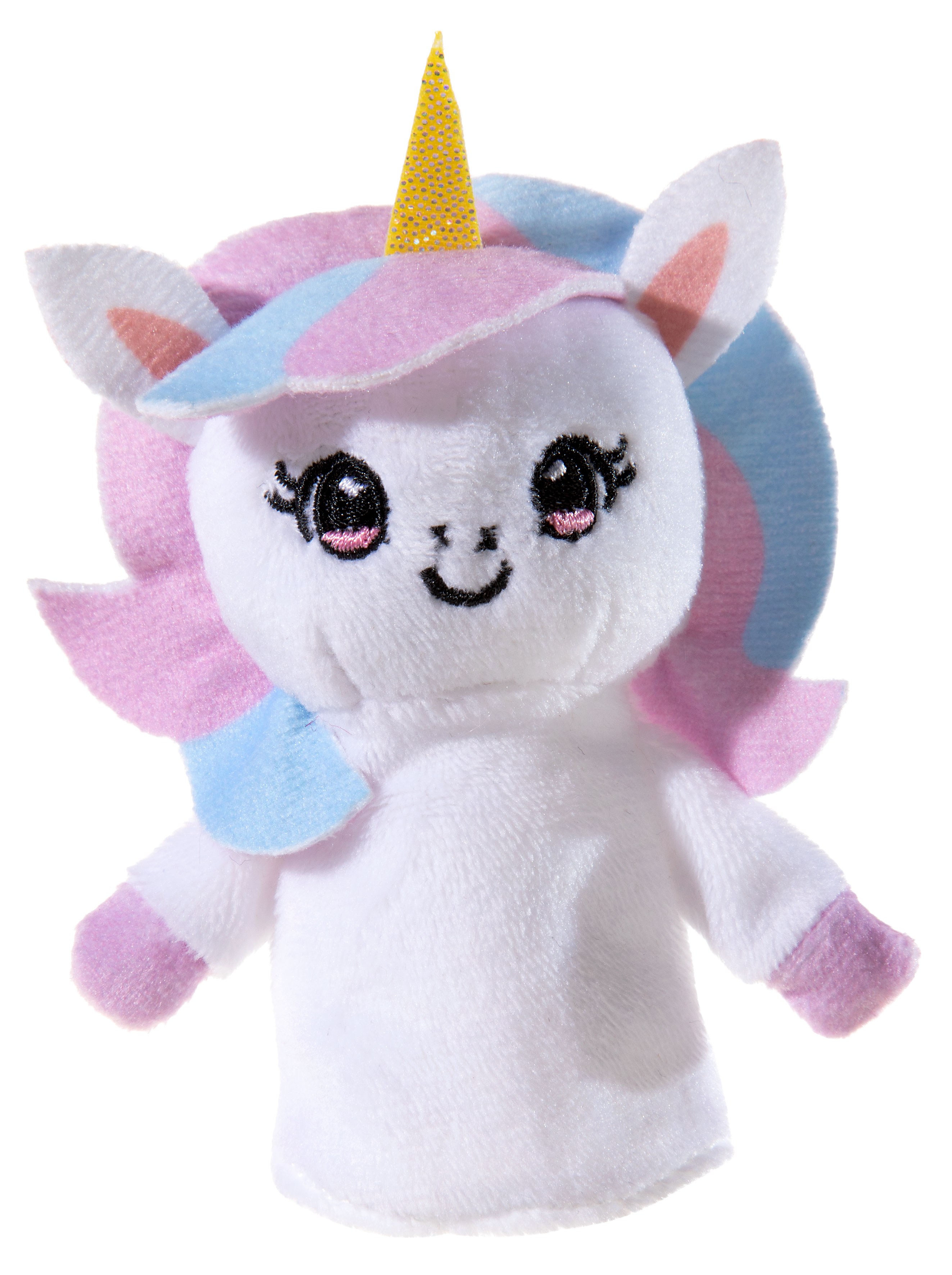 Einhorn-Plüschtier mit Regenbogenmähne und gelbem Horn