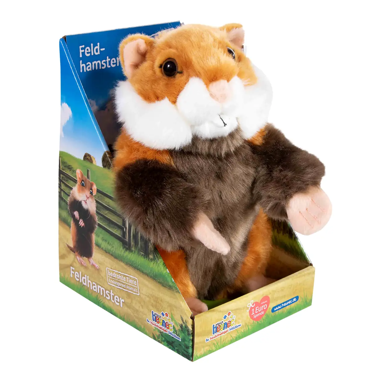 Weicher Plüschhamster in braun-weißer Farbgebung, ideal zum Kuscheln im Display