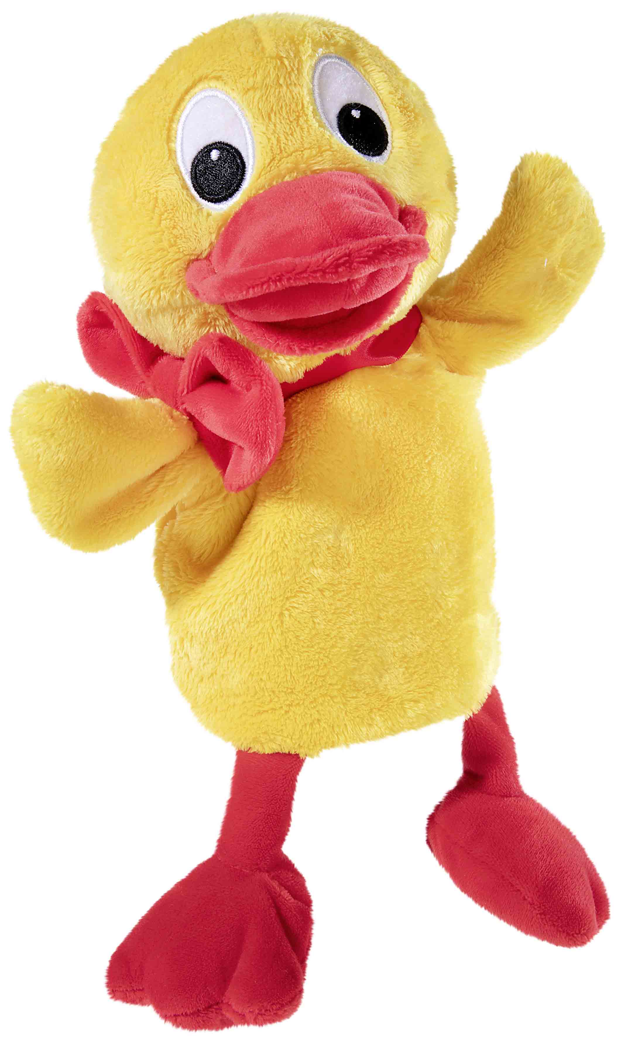 Weiche gelbe Plüsch-Handpuppe in Form einer Ente mit roten Flügeln und Schnabel. Perfekt für Puppentheater und kreatives Spielen.