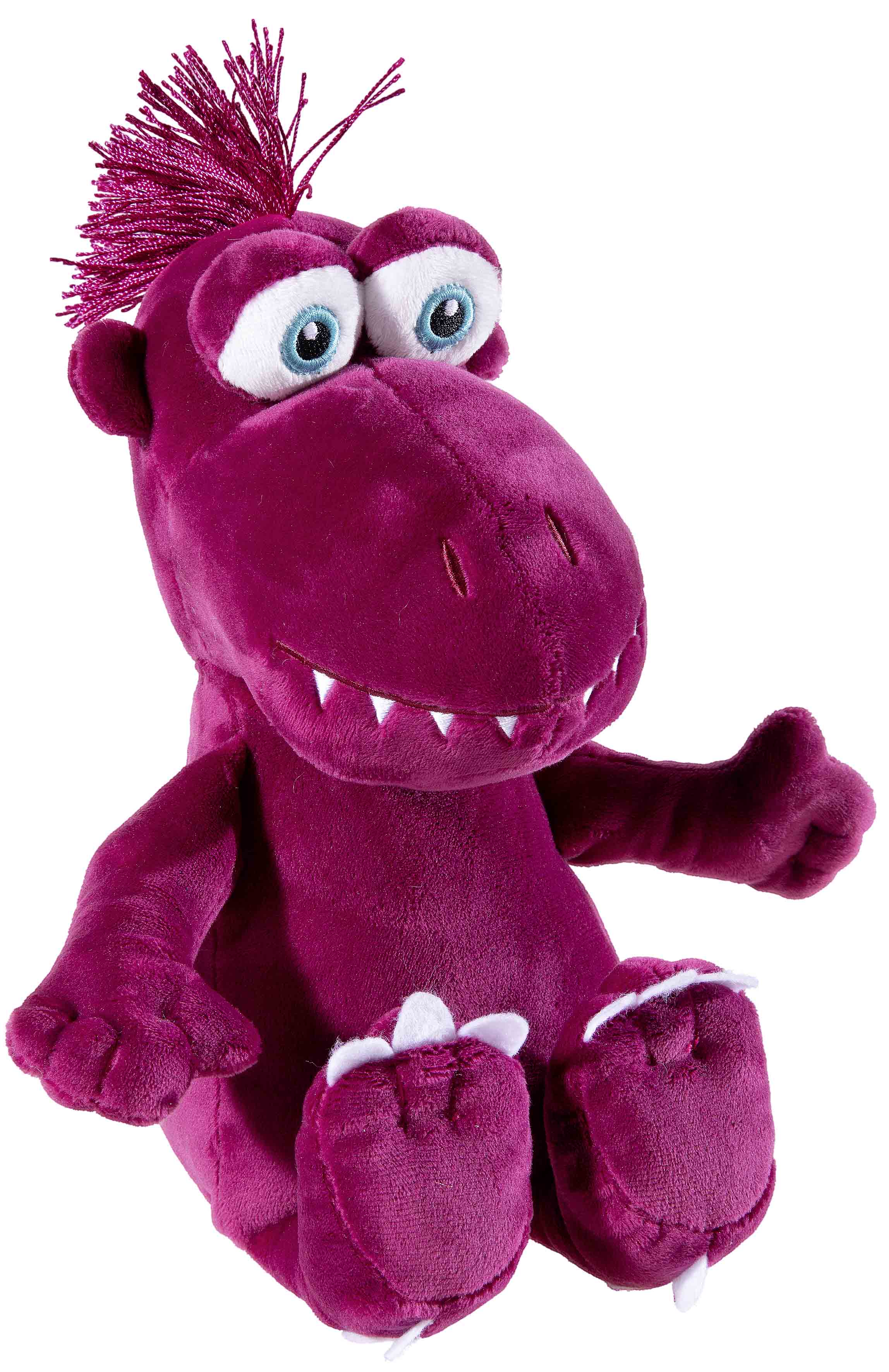 Plüschdinosaurier aus recycelten Materialien Ein violetter Plüschdinosaurier mit Global Recycled Standard Zertifikat