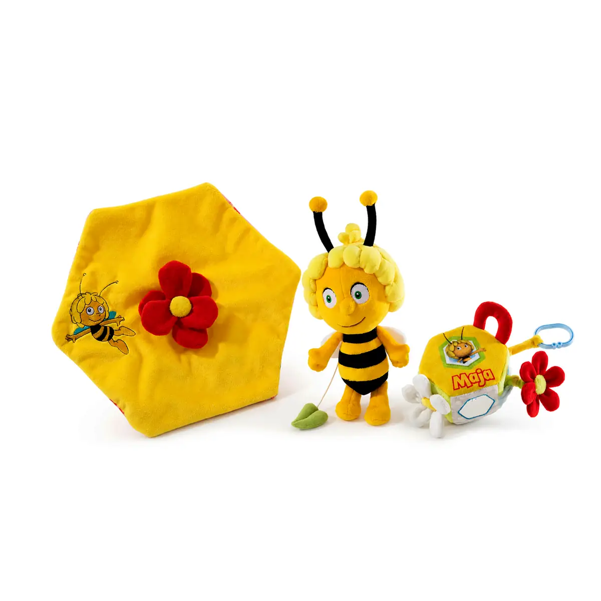 Biene Maja Baby Set bestehend aus weichem Schnuffeltuch mit Blüten-Applikation, Biene Maja Spieluhr und Spiel-Wabe mit Greifelementen für Babys auf weißem Hintergrund.