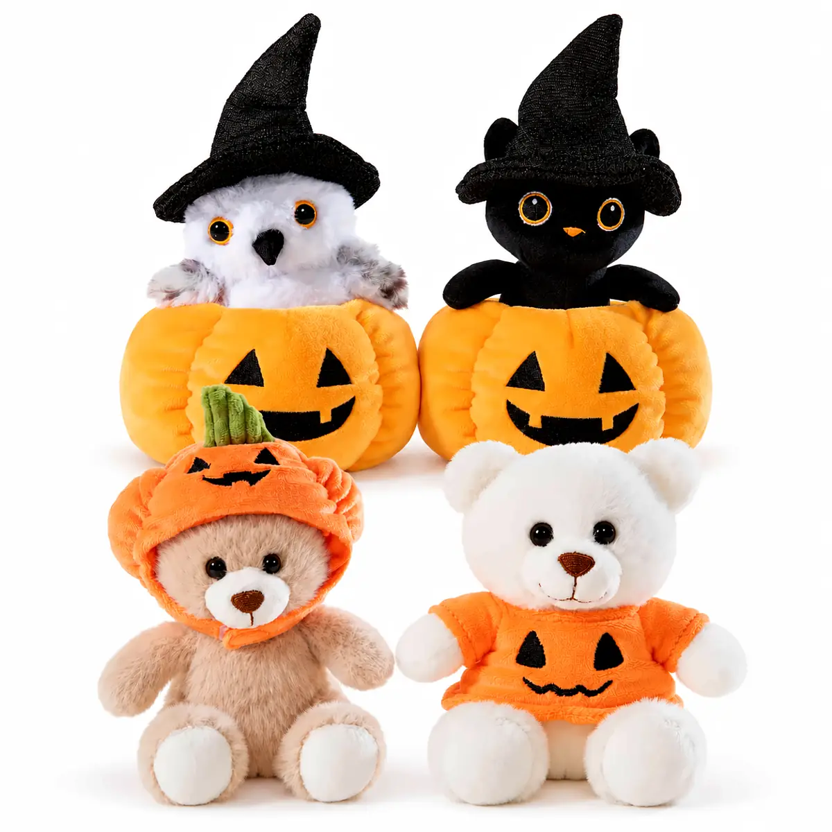 Halloween Kürbis 4er Set mit Eule und Katze im Kürbis, jeweils 16 cm, sowie zwei 15 cm großen Bären mit Kürbishut und Kürbis-Shirt