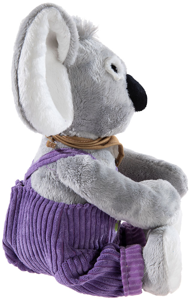 Plüsch-Koala in lila Hose seitlich sitzend Weicher Plüsch-Koala mit großen Ohren und lila Hose im Profil
