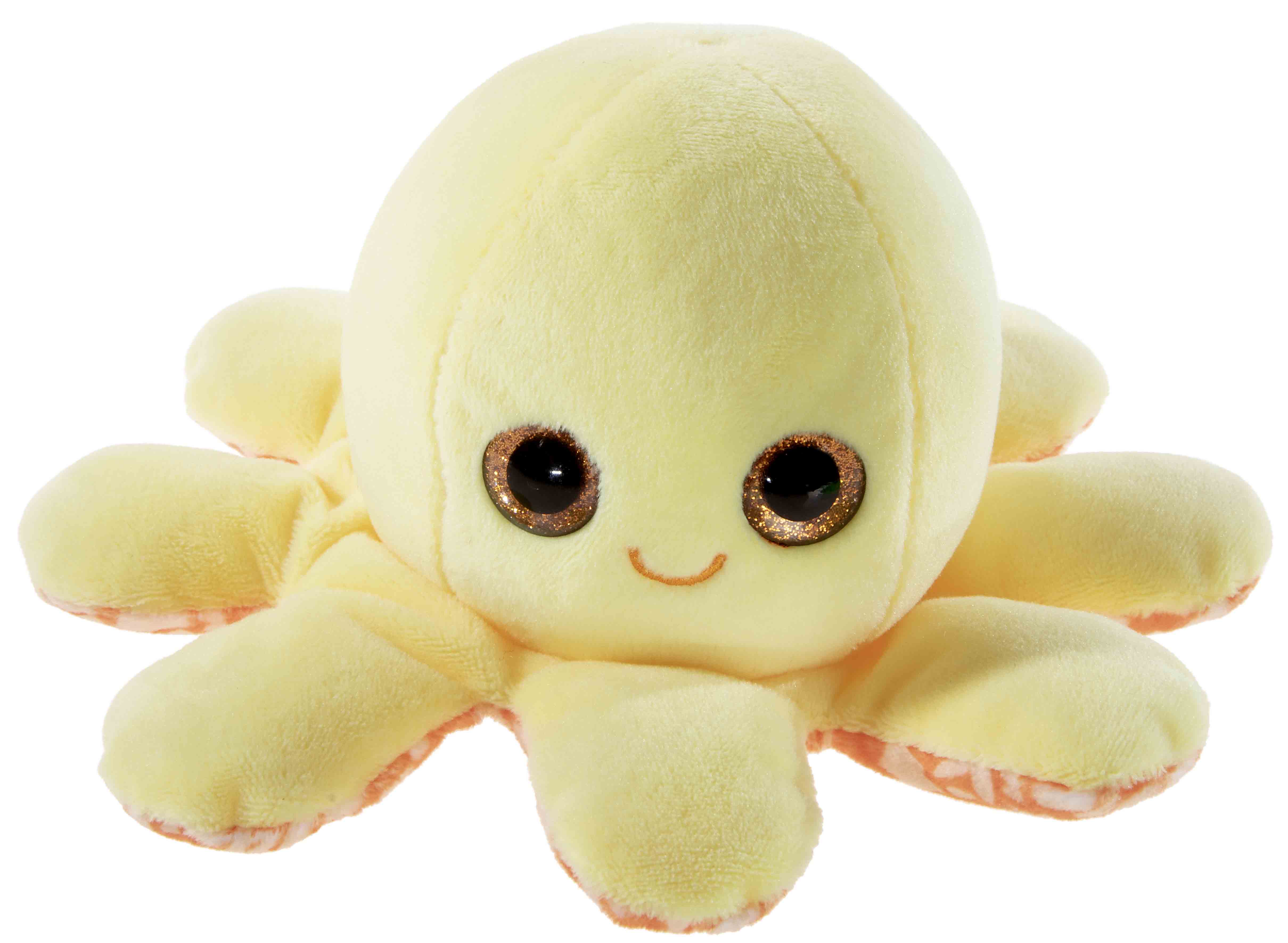 Niedlicher gelber Oktopus Plüschspielzeug mit großen glitzernden Augen Gelber Oktopus Plüschtier mit lächelndem Gesicht und großen funkelnden Augen