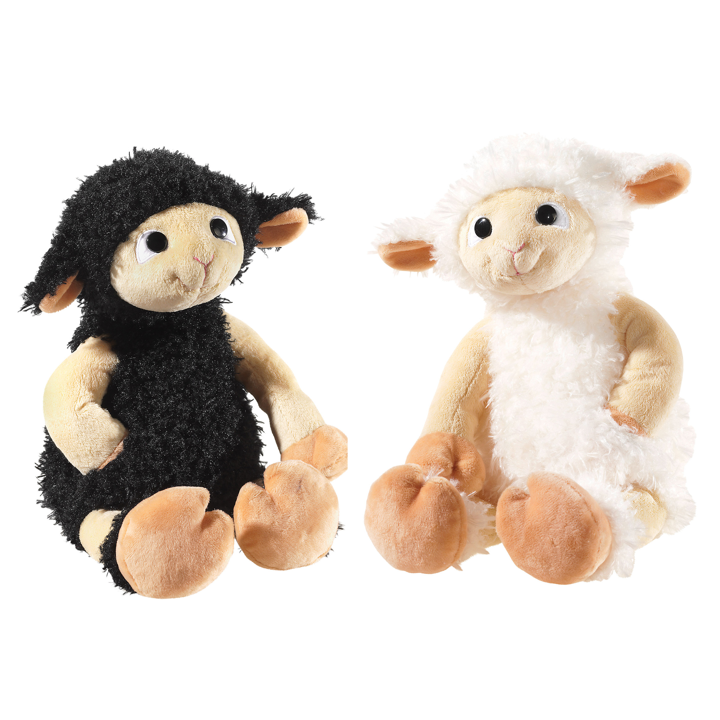Wolly Sunshine & Blacky Moonlight im 2er Set - Blacky aus schwarzem Plüschfell & Wolly aus beigem Plüschfell, beide mit niedlichem Gesicht