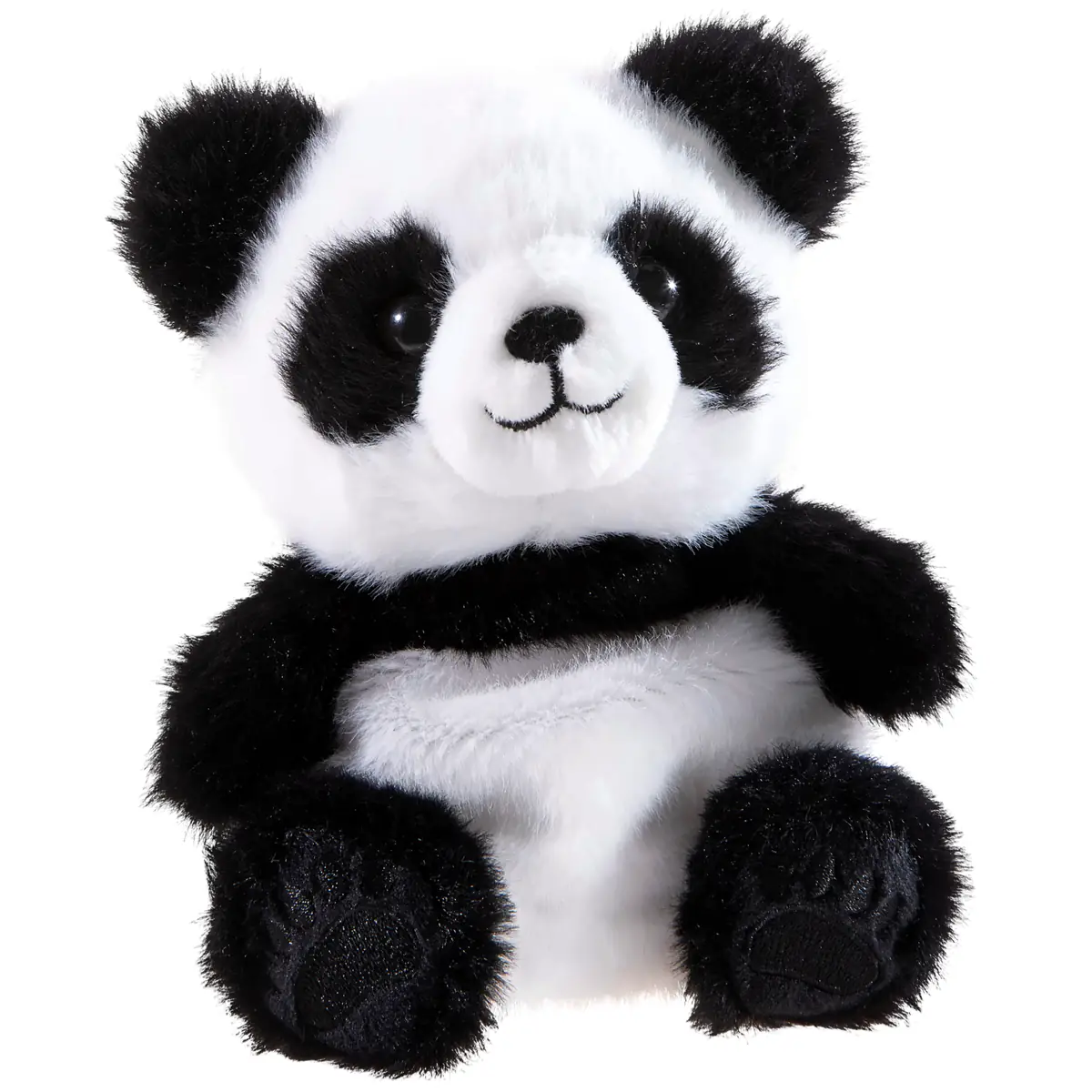 Kleiner schwarz-weißer Panda als 13 cm großes Plüschtier mit weichem Kopf und granulatgefülltem Körper, ideal zum Drücken, Kneten und Kuscheln