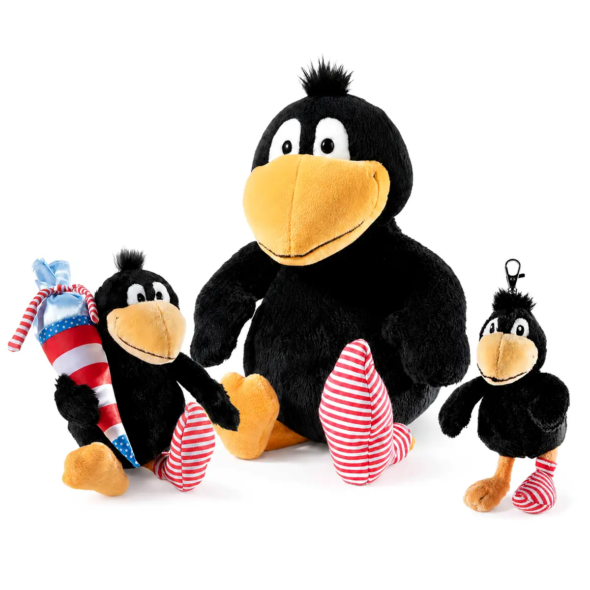 Der kleine Rabe Socke 3er-Set mit 25 cm Kuscheltier, 15 cm Schlüsselanhänger und 15 cm Figur mit Schultüte