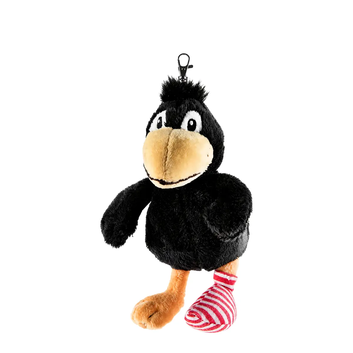 Schlüsselanhänger mit Plüsch-Rabe und gestreiftem Socken