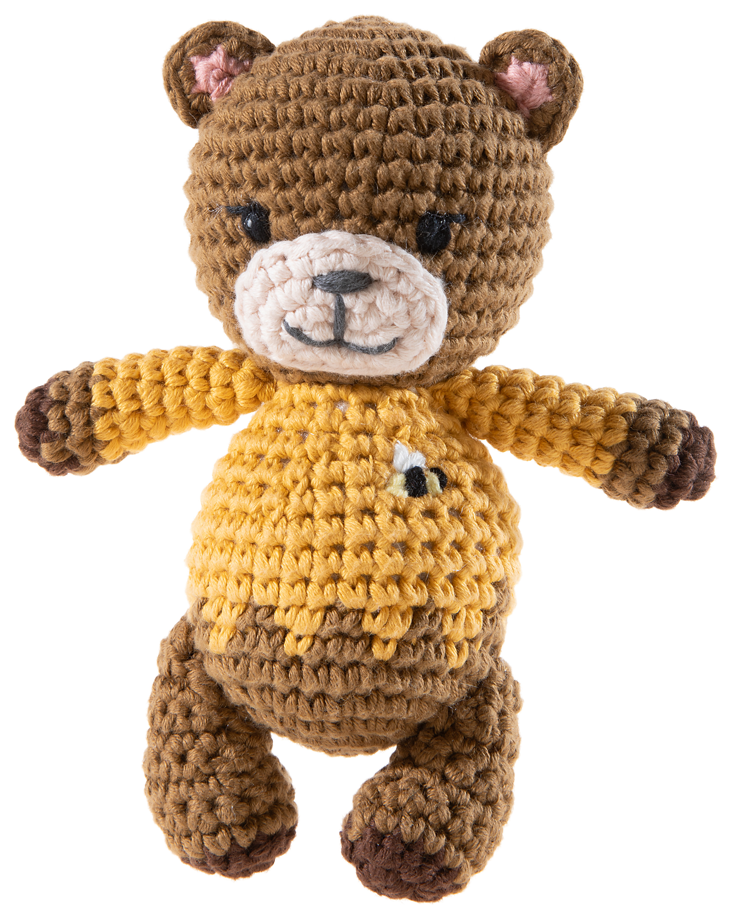 Gehäkelter Teddybär mit gelbem Pullover Handgemachter gehäkelter Teddybär mit braunem Körper und gelbem Pullover