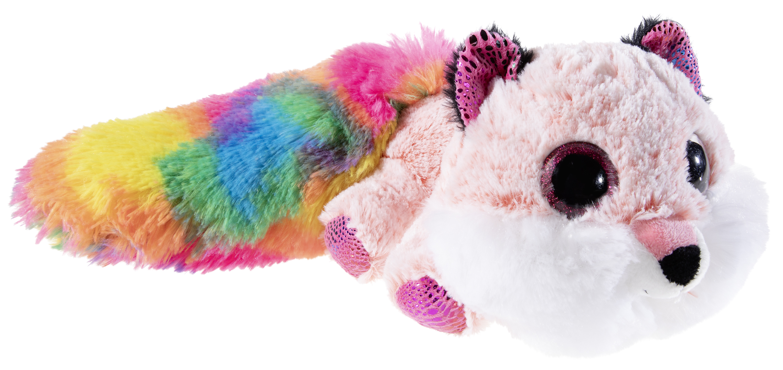 Ein flauschiges Plüschtier in Form eines Tieres mit großen Augen und einem bunten Regenbogenschwanz