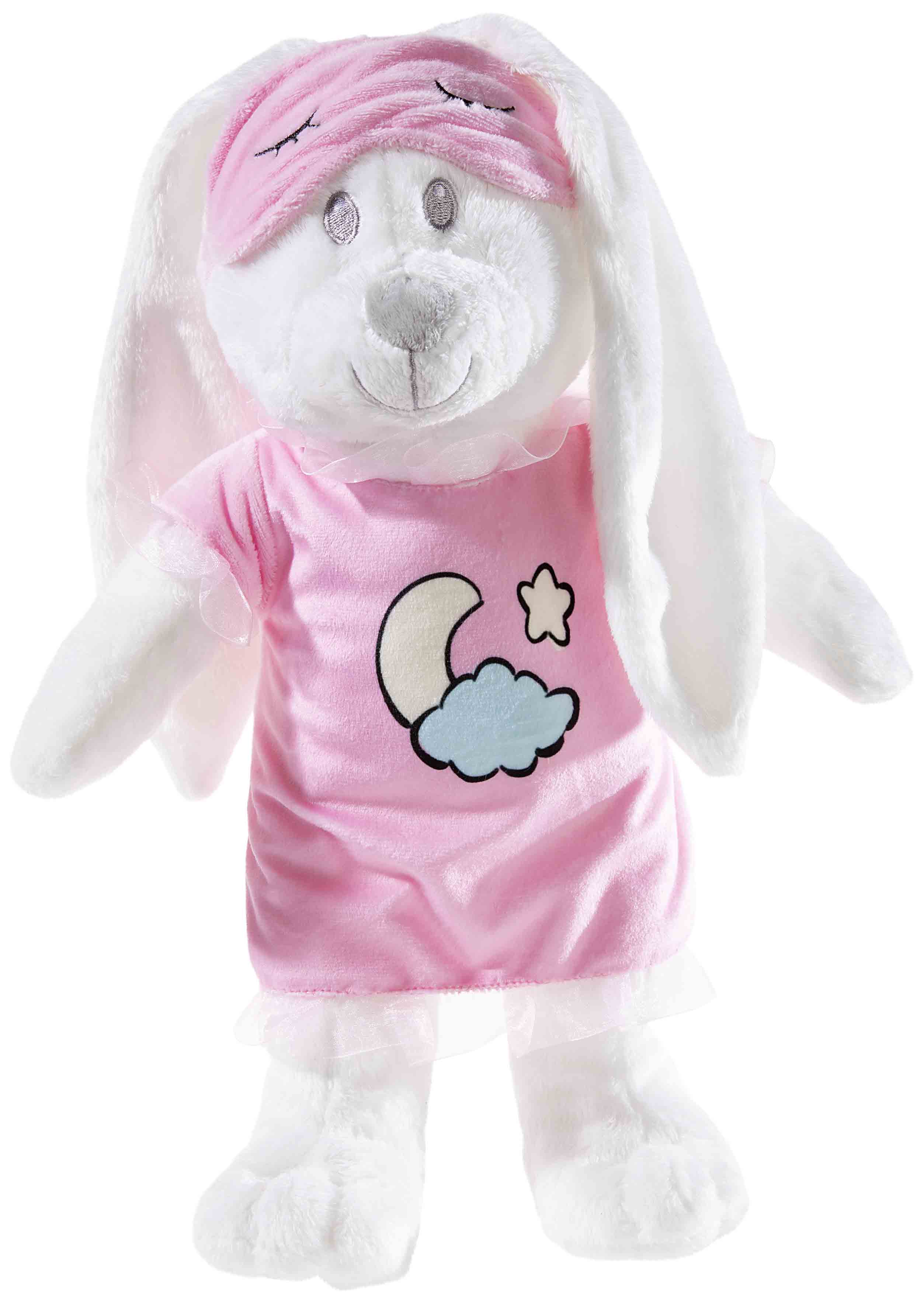 Kuscheliger Plüschhase mit Schlafmaske und rosa Nachtkleid Weißer Plüschhase mit Schlafmaske und rosa Nachtkleid, verziert mit Mond und Sternenmotiv.