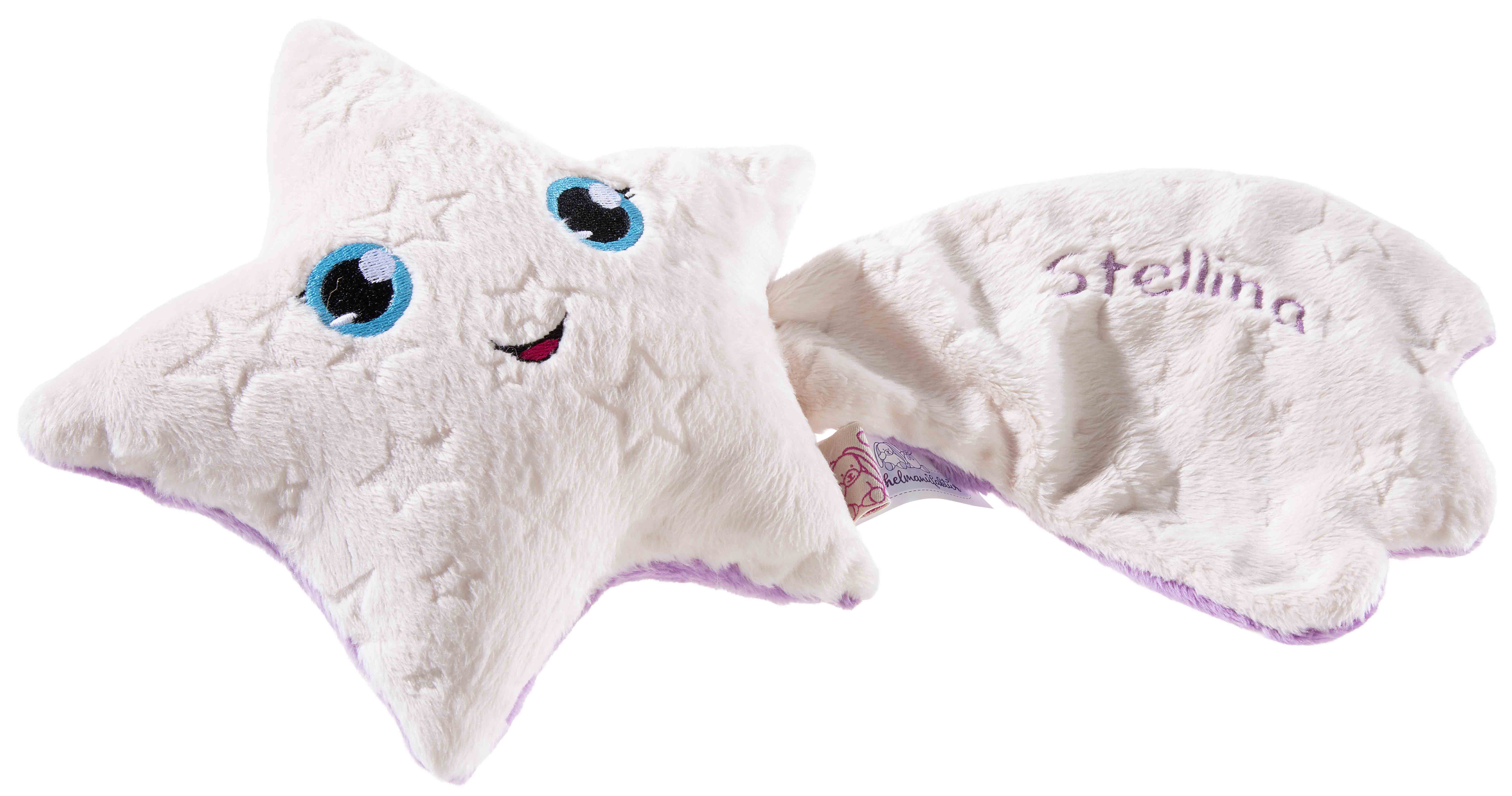 Ein weiches Kuschelkissen in Form eines lächelnden Sterns mit großen blauen Augen, begleitet von einem bestickten Bezug mit dem Namen 'Stellina'.