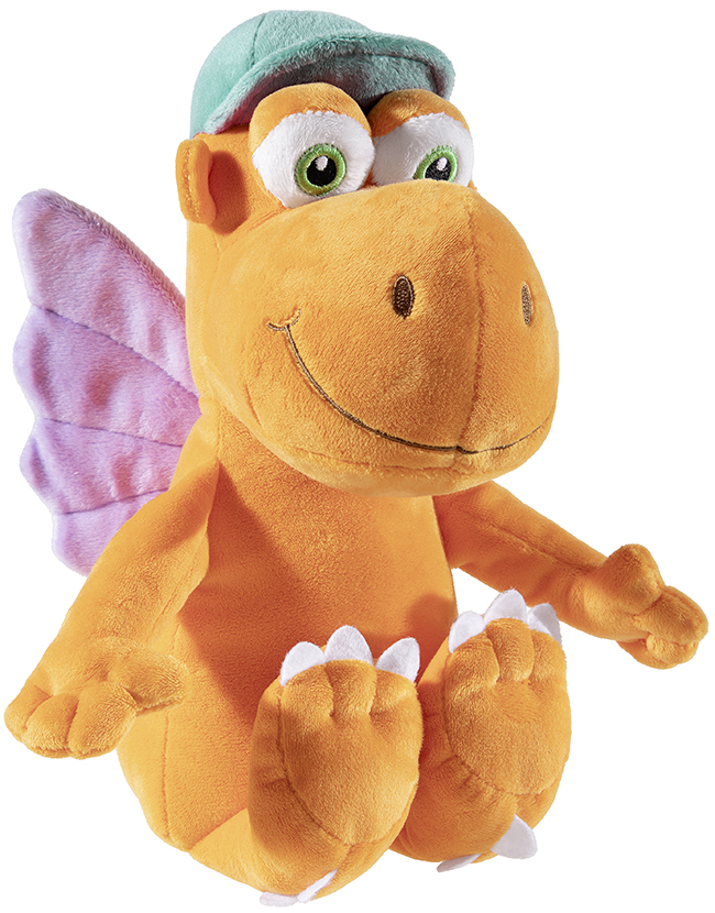 Niedlicher orangefarbener Plüschdrache mit lila Flügeln und grüner Mütze, perfekt als Kuscheltier für Kinder.