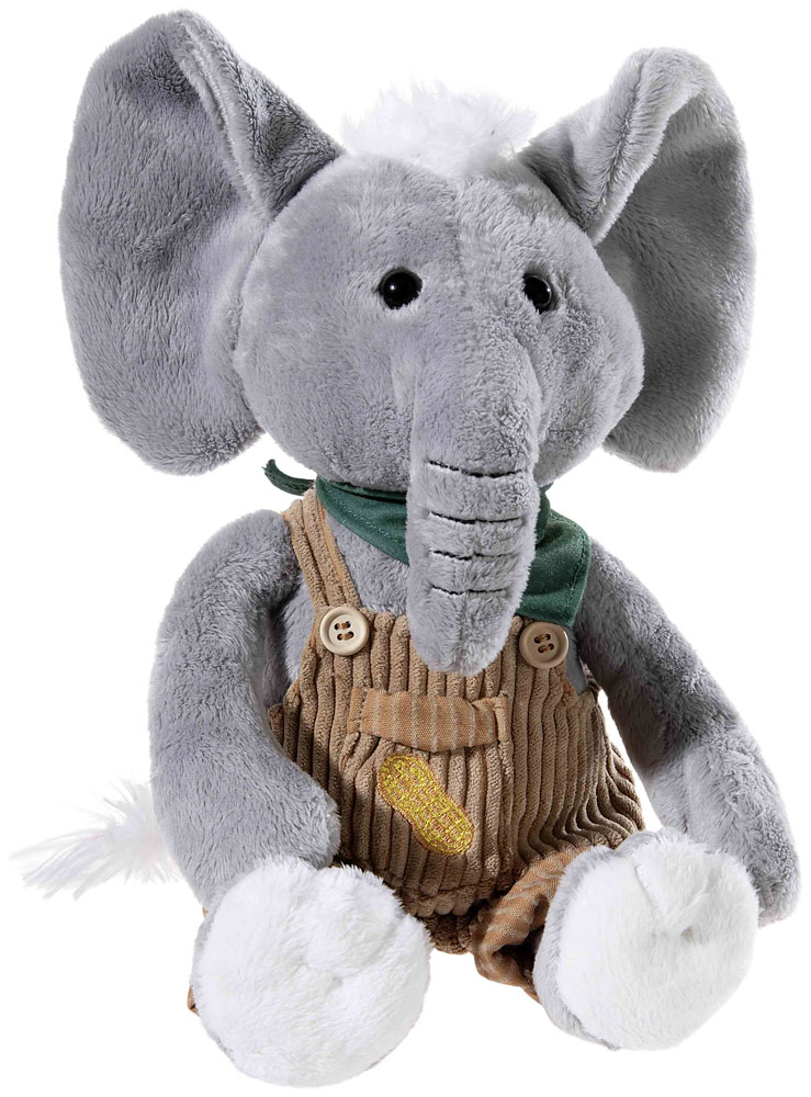 Süßes Elefanten-Stofftier in Latzhose mit Schal Plüschelefant mit grüner Latzhose und Schal, ideal zum Kuscheln