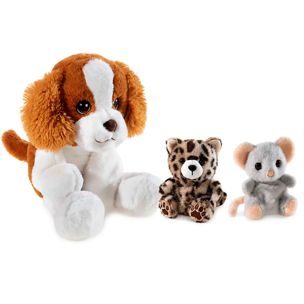 Großer Plüschhund zusammen mit den kleineren Chagiya Kuscheltieren Leopard und Maus auf weißem Hintergrund.
