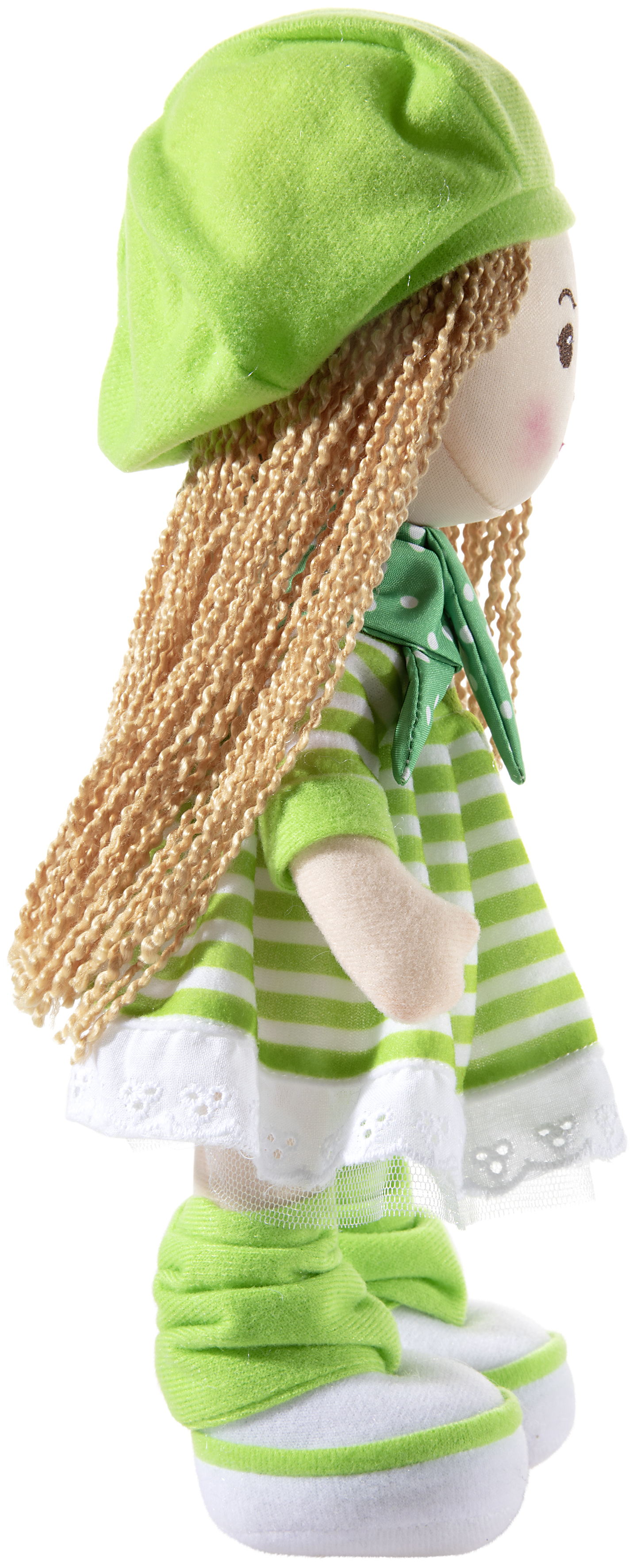 Heunec Poupetta Käferkind mit blonden Haaren, grüner Mütze und grün-weiß gestreiftem Kleidchen seitlich