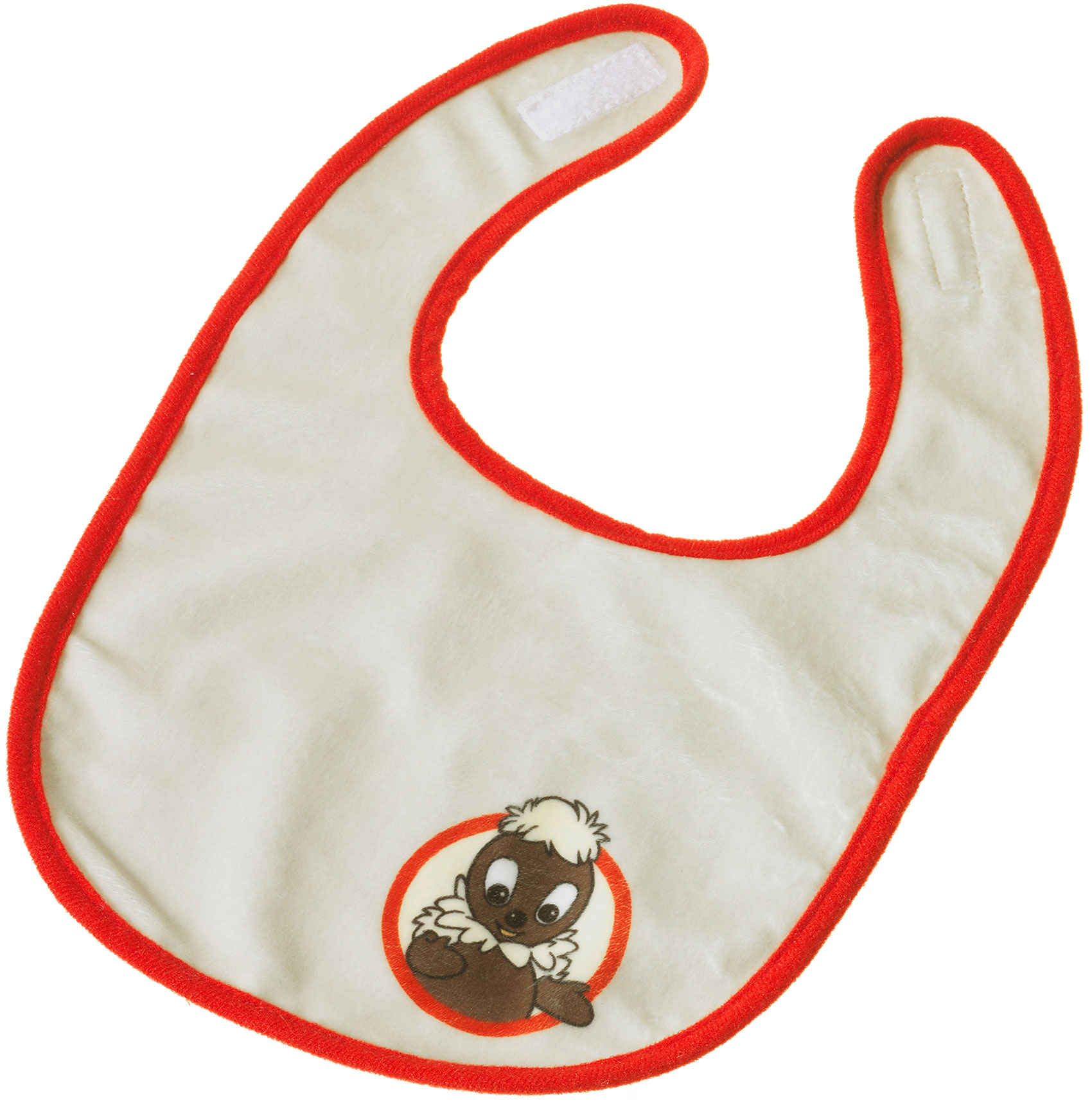 Niedliches weißes Lätzchen mit rotem Rand und Cartoon-Motiv Baby-Lätzchen mit roten Kanten und niedlichem Cartoon-Aufdruck