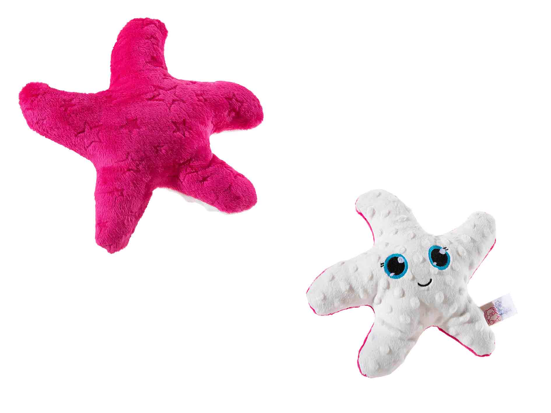 Zwei Kuschelsterne, ein pinker und ein weißer mit Gesicht, aus weichem Stoff