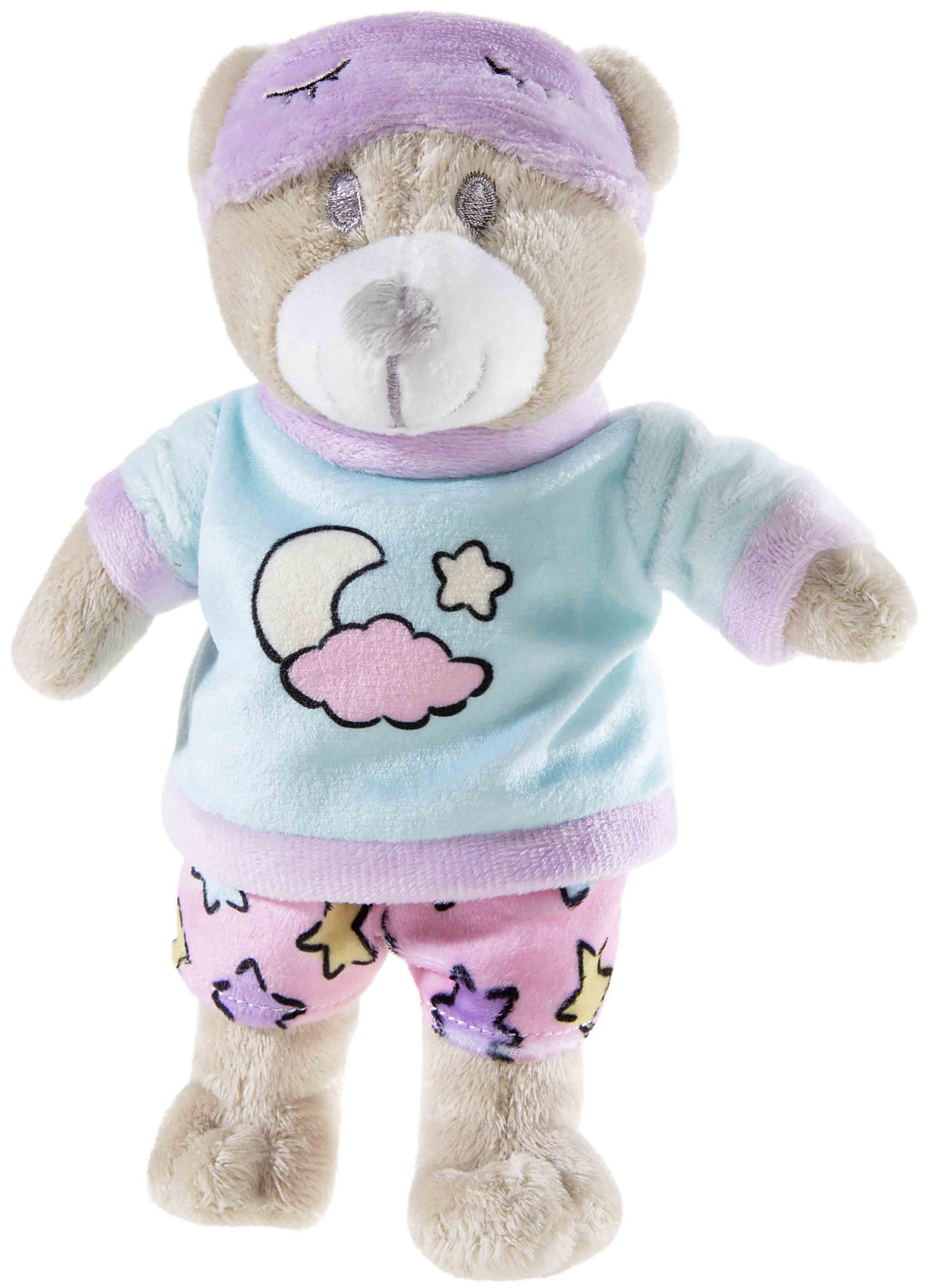 Plüsch-Schlafbär mit Pyjama und Nachtmütze Weicher Plüsch-Schlafbär in pastellfarbenem Pyjama mit Mond- und Sternmotiven, trägt eine lila Nachtmütze.