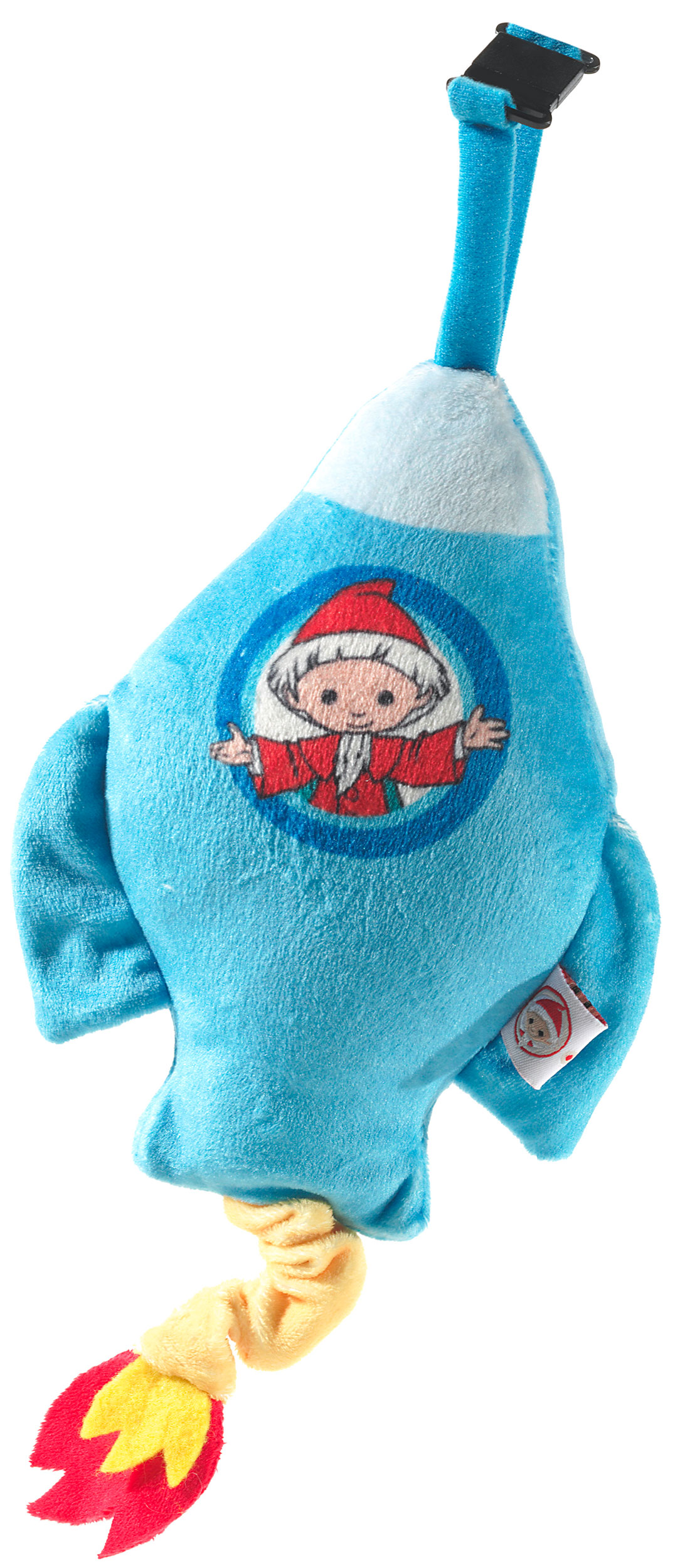 Weiches Plüschspielzeug in Raketenform mit fröhlichem Charaktermotiv Plüschspielzeug in Form einer blauen Rakete mit einem aufgedruckten, fröhlichen Charakter im roten Outfit