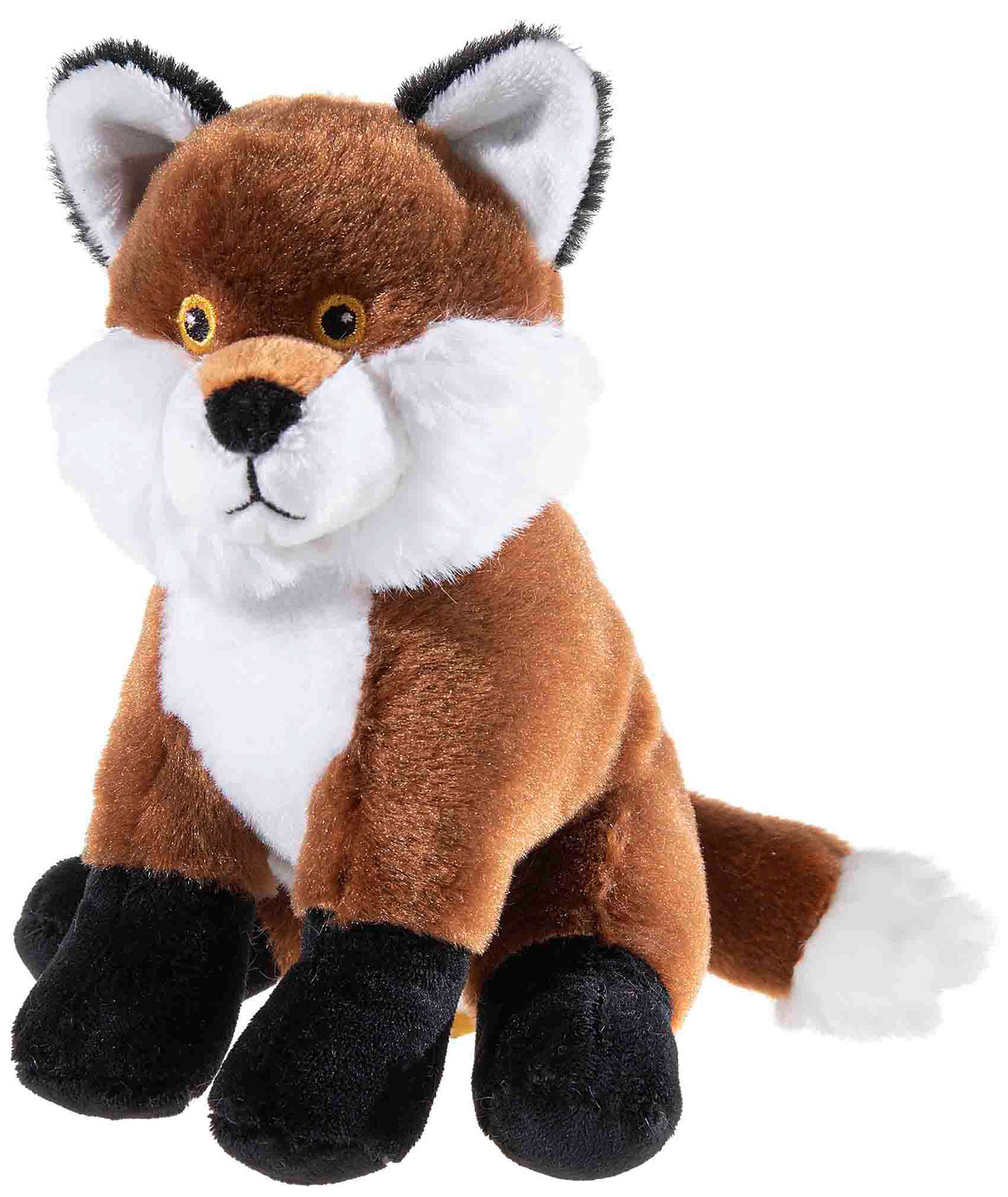 Niedlicher Plüschfuchs mit flauschigem Fell Plüschfuchs mit braunem und weißem Fell sowie schwarzen Details, sitzt aufrecht