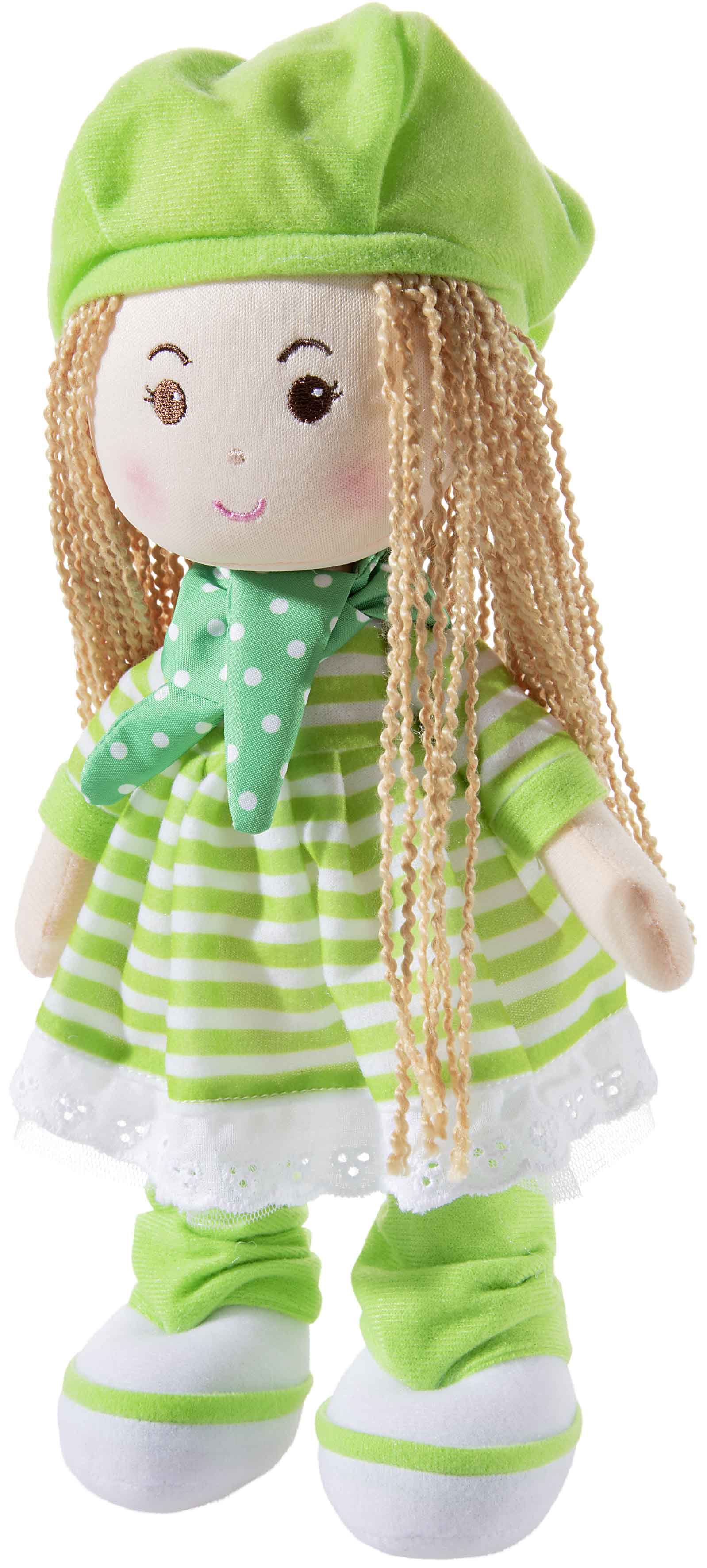 Heunec Poupetta Käferkind mit blonden Haaren, grüner Mütze und grün-weiß gestreiftem Kleidchen