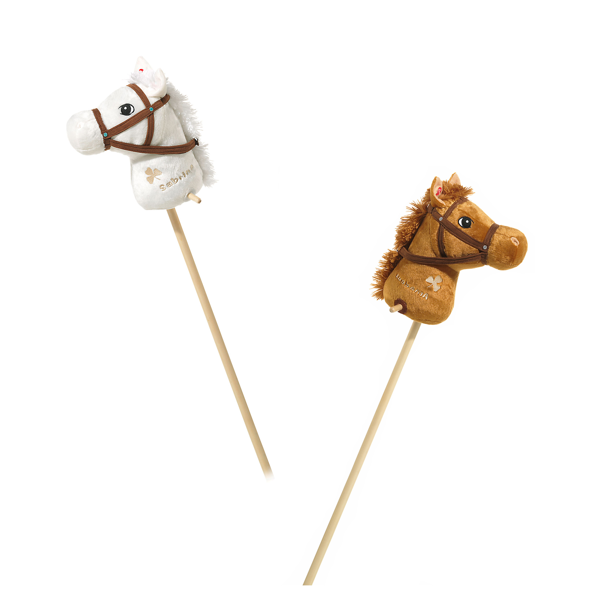 Steckenpferd Bundle von Bibi und Tina im 2er Set - Steckenpferde sind aus weichem Plüsch in weiß und braun mit je einem Holzstecken
