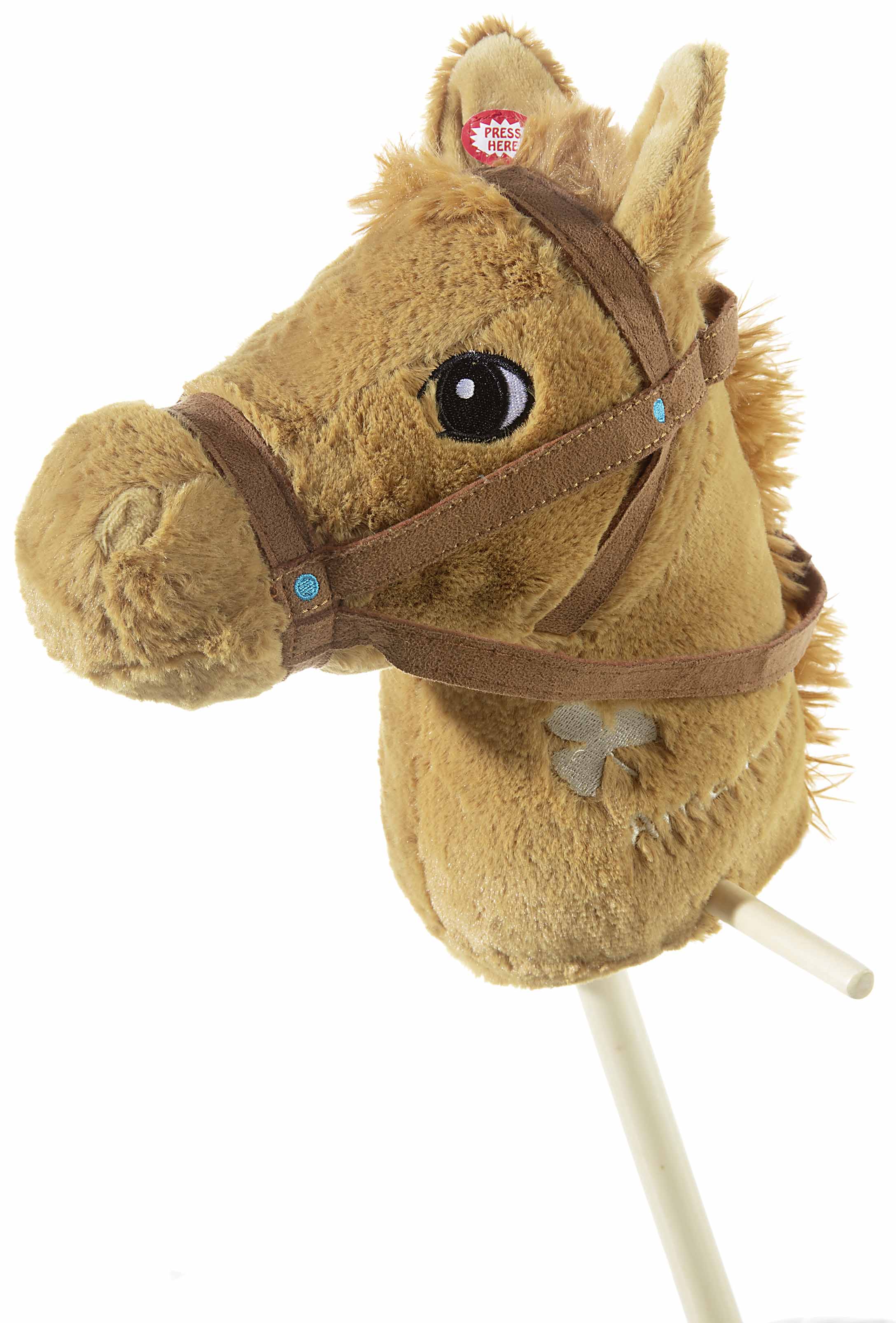 Weiches Steckenpferd mit Plüschkopf für Kinder Ein braunes Plüsch-Steckenpferd mit Zaumzeug und Knopf für Soundeffekte