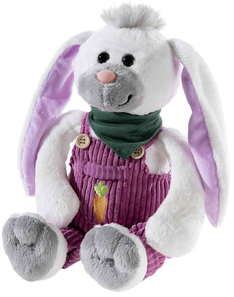 Niedlicher Plüschhase mit lila Overalls und grüner Halstuch Plüschhase mit lila Overalls, grüner Halstuch und gestickter Karotte