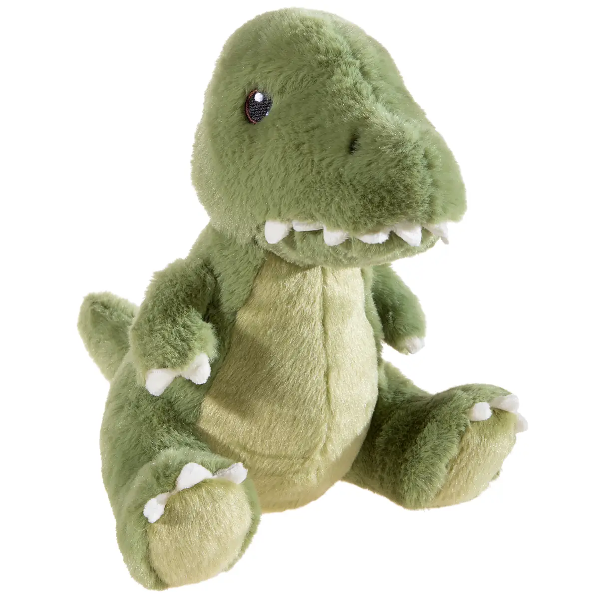 Grüner T-Rex als 26 cm großes Plüschtier mit cremefarbenem Bauch, kurzen Armen und freundlichem Gesicht, weich und ideal zum Kuscheln, aus recyceltem Material gefertigt