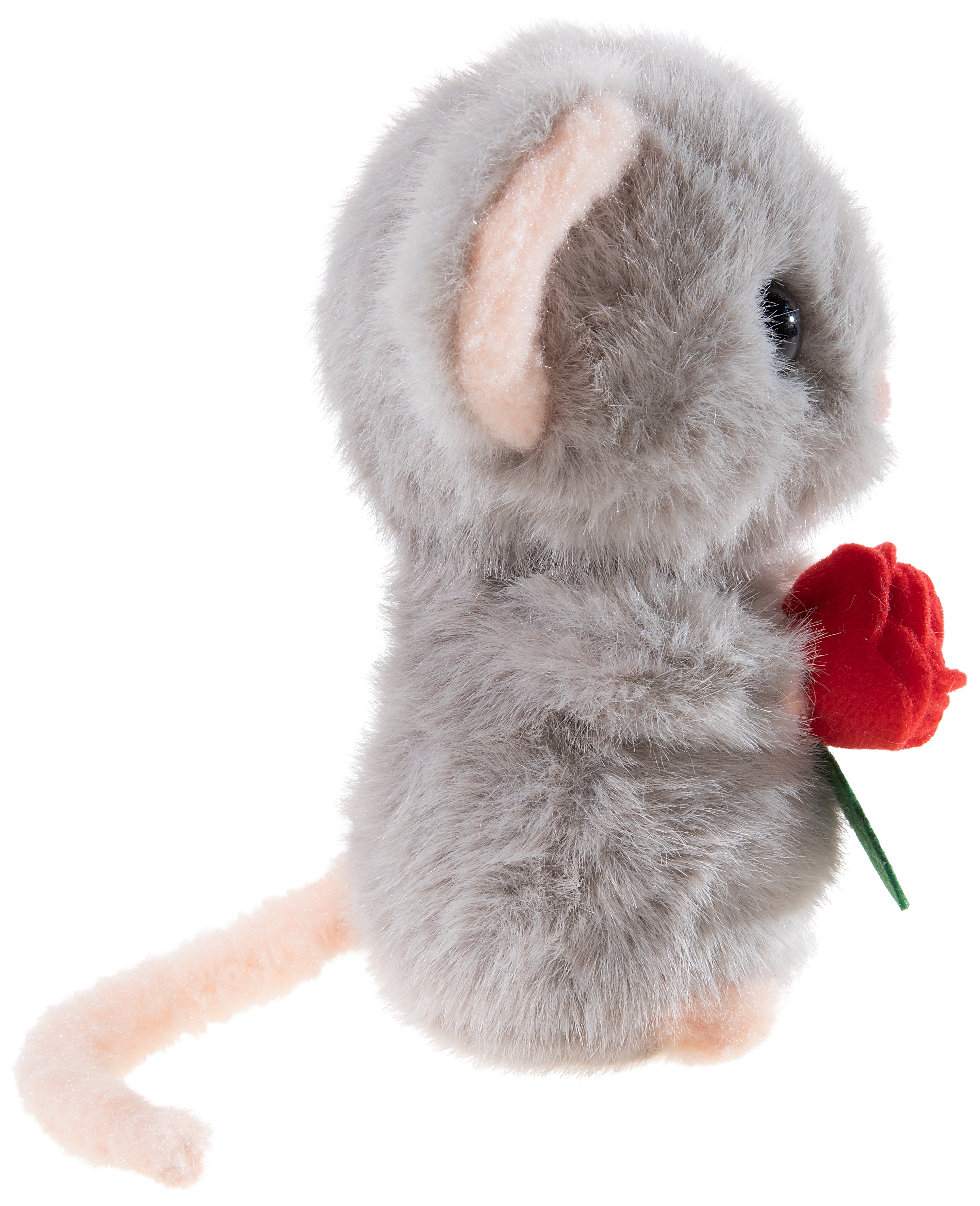 Maus mit Rose 15cm - Kleine Plüschmaus mit roter Rose in der Hand in grau farbigem Plüsch - seitliche Ansicht