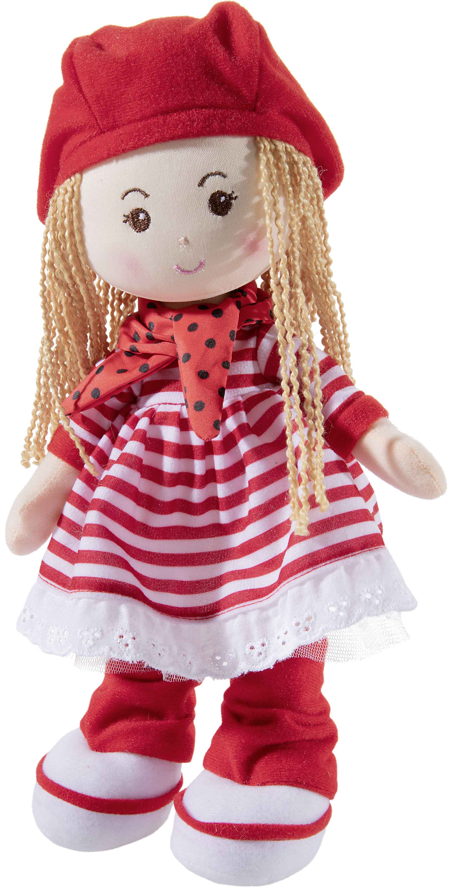 Heunec Poupetta Käferkind mit blonden Haaren, roter Mütze und rot-weiß gestreiftem Kleidchen